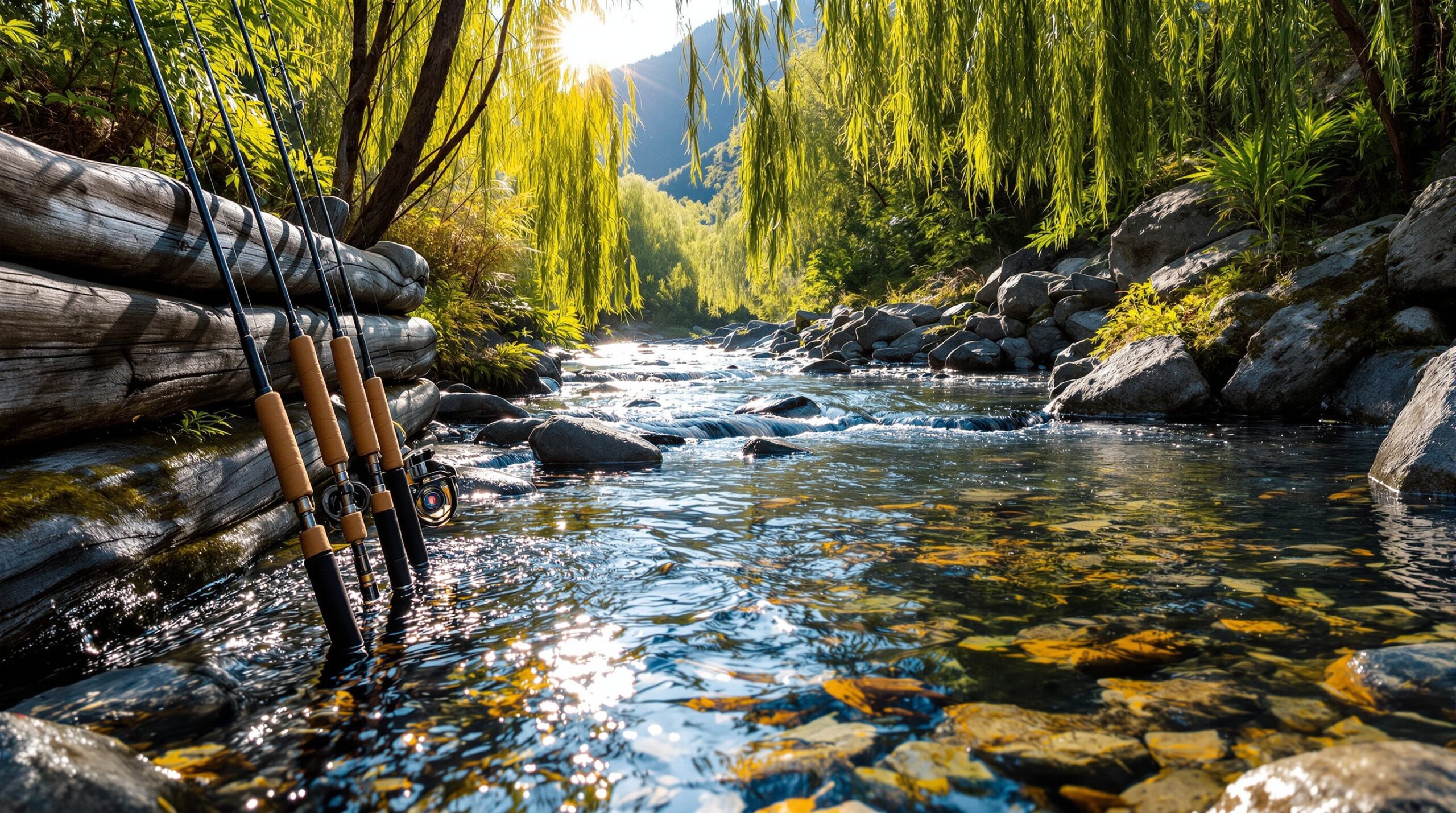 Multiple fly fishing rods of different weights leaning against wooden fence by clear mountain stream with visible trout