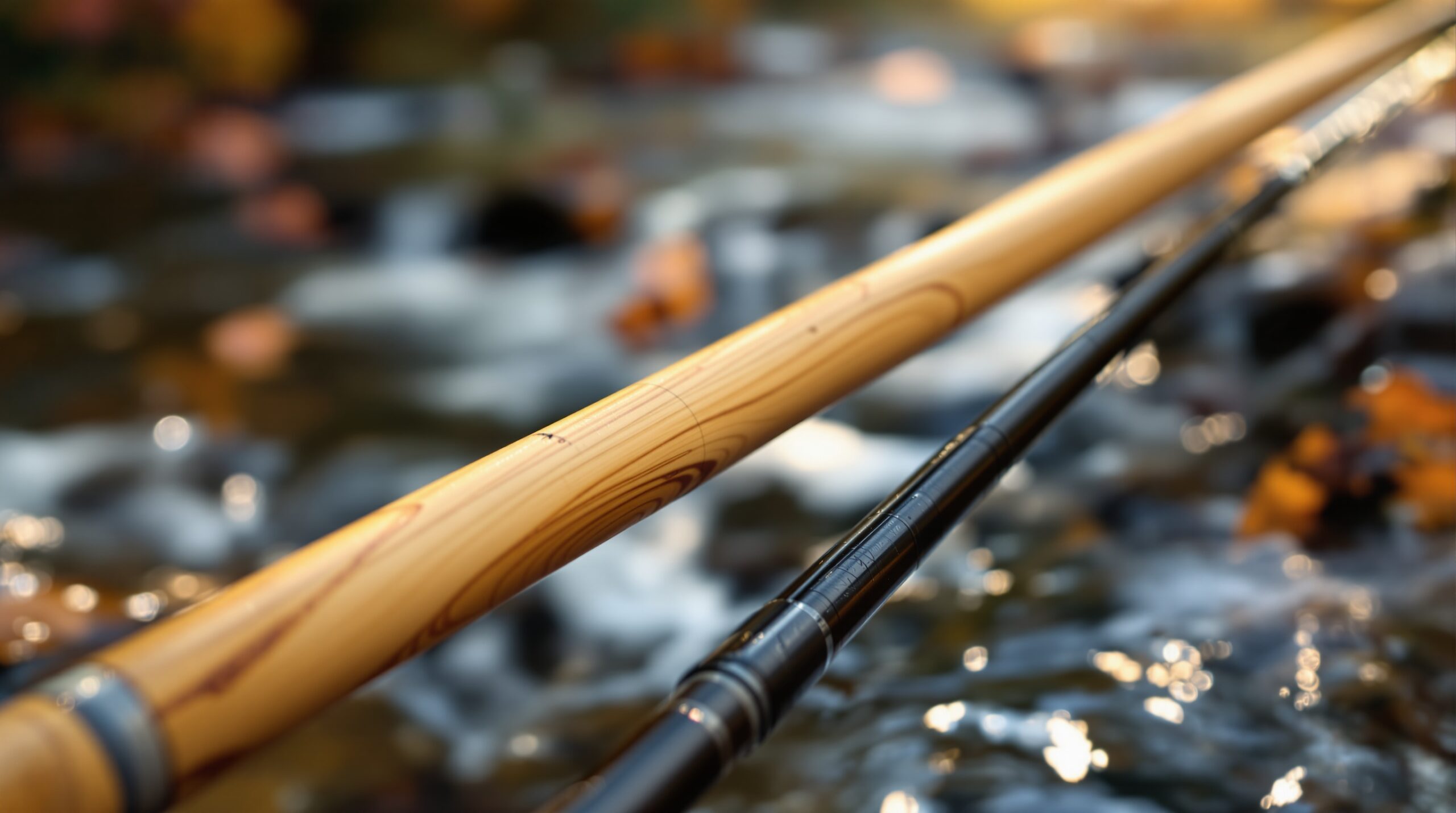 Close-up of bamboo fly fishing rod with honey-golden grain next to modern black graphite rod on river background