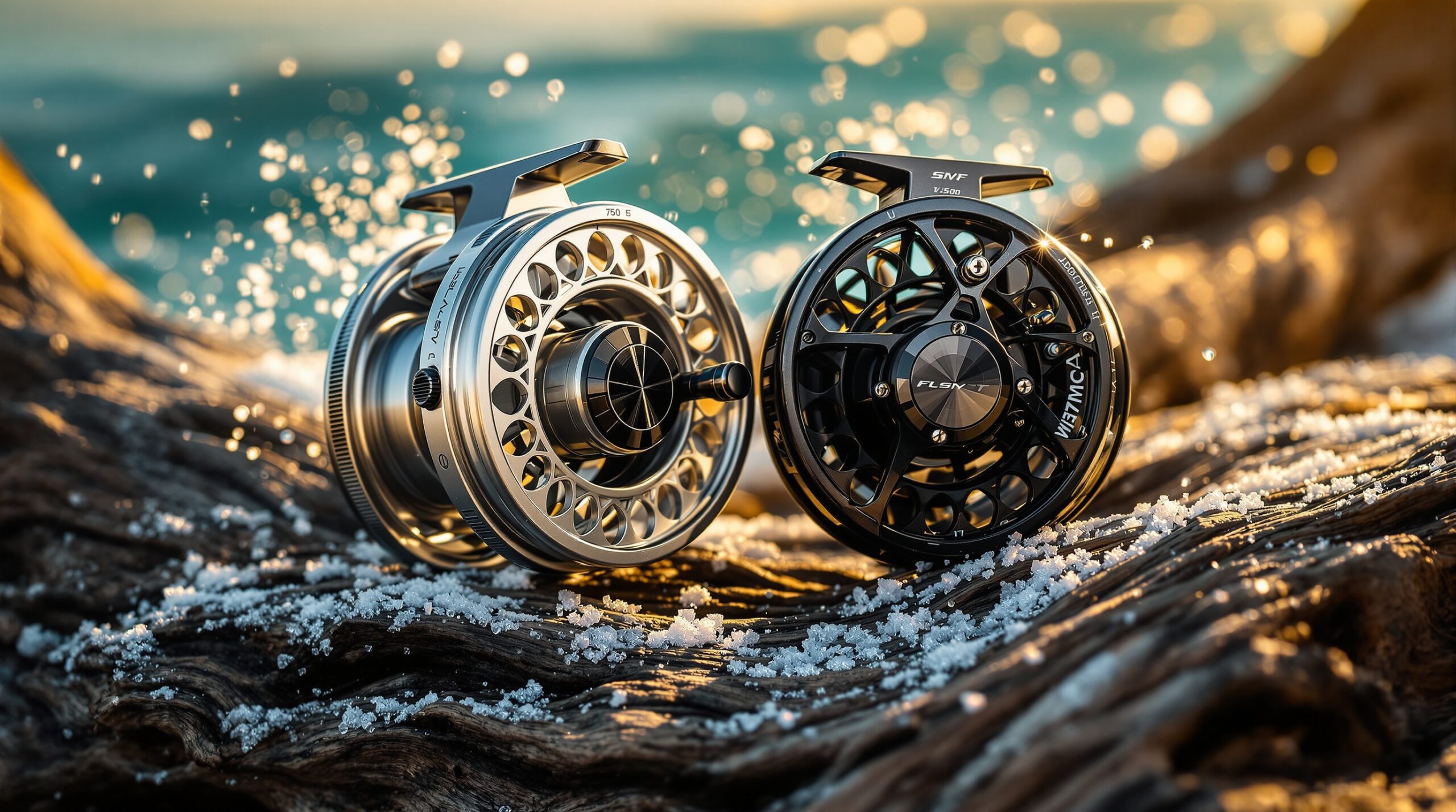 Two saltwater fly reels on driftwood - budget silver reel next to premium black reel with ocean spray background
