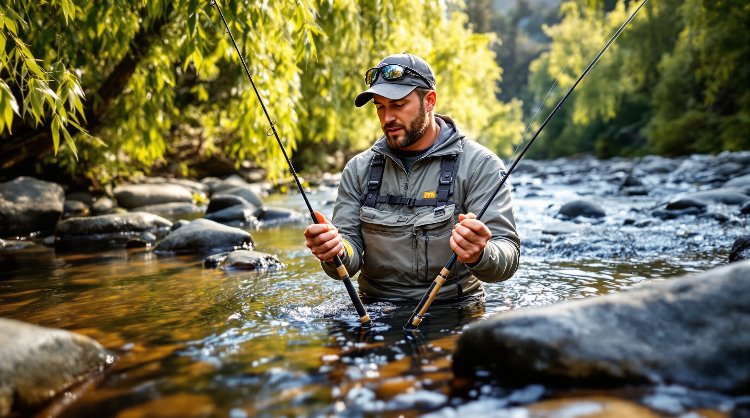 Angler in mountain stream comparing two different fly rod weights for trout fishing decision