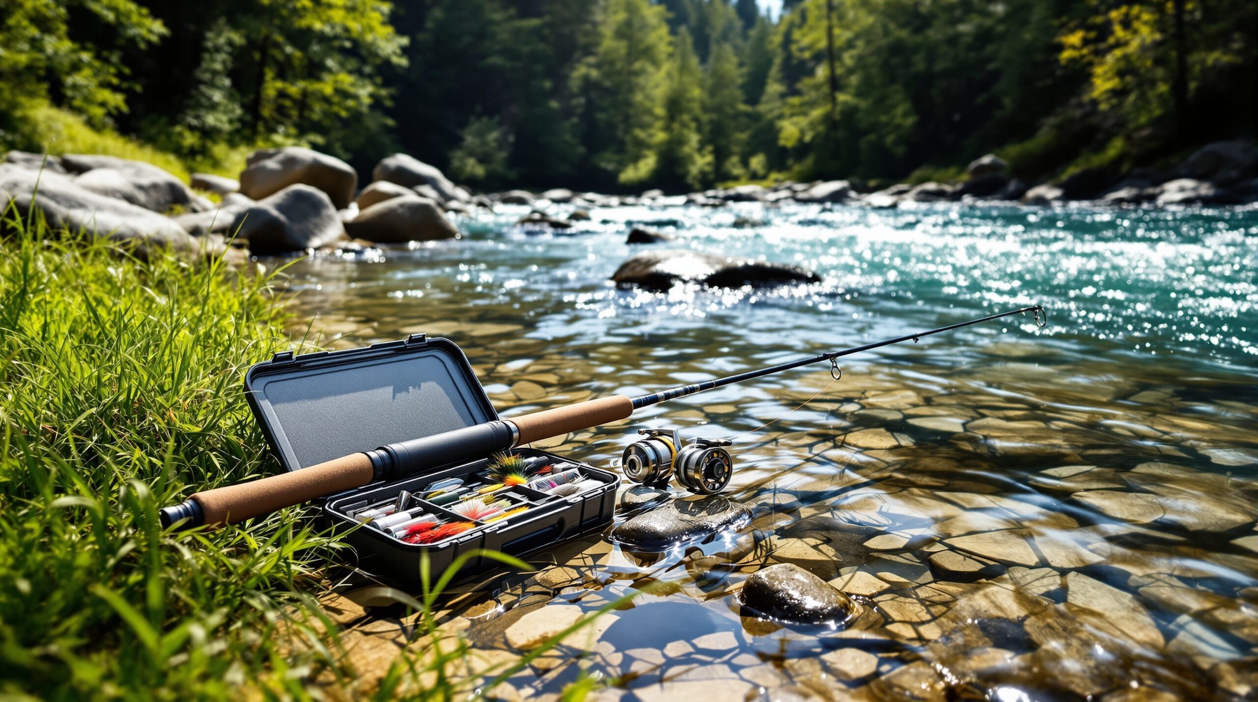 Expensive carbon fiber fly rod and tackle box abandoned on grassy bank beside pristine mountain trout stream