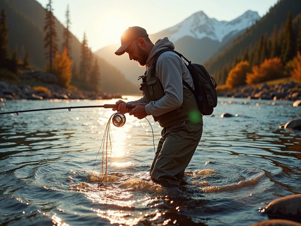 Frustrated beginner angler with tangled fly fishing line standing in mountain river surrounded by scattered equipment