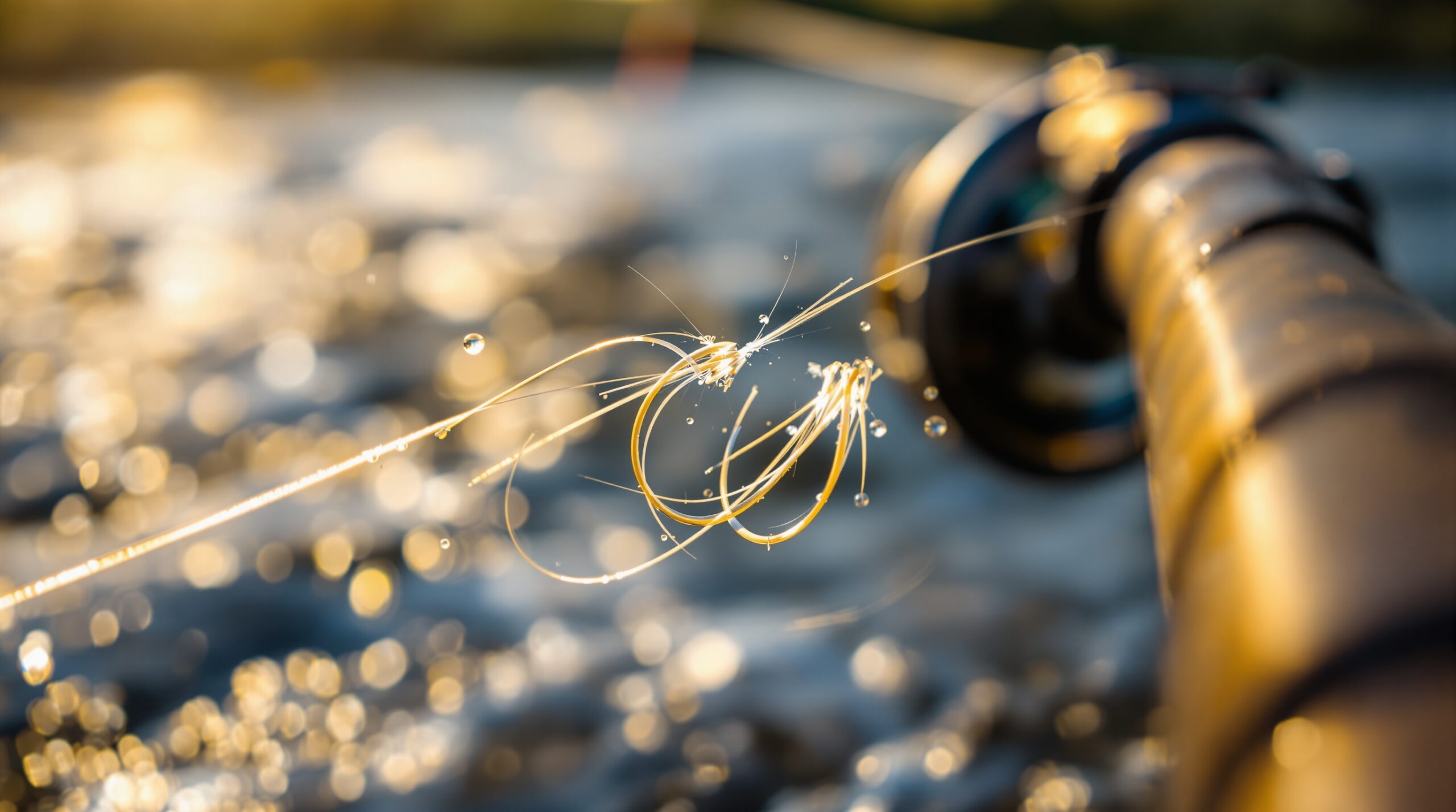 Close-up of broken fly fishing tippet with curly pig-tail end against blurred river water background