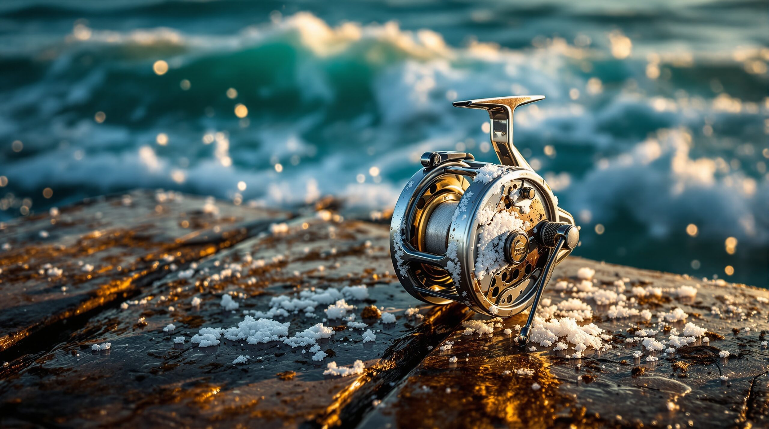 Corroded saltwater fly fishing reel with salt buildup on dock planks beside ocean waves showing damage from saltwater