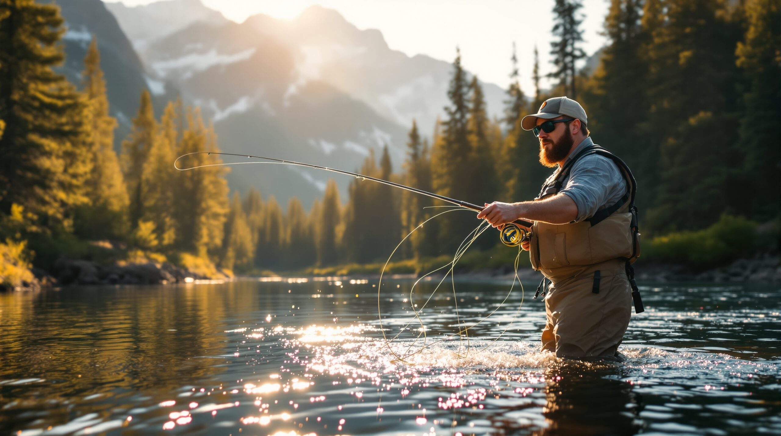 Frustrated beginner fly fisherman with tangled line in mountain stream during golden hour