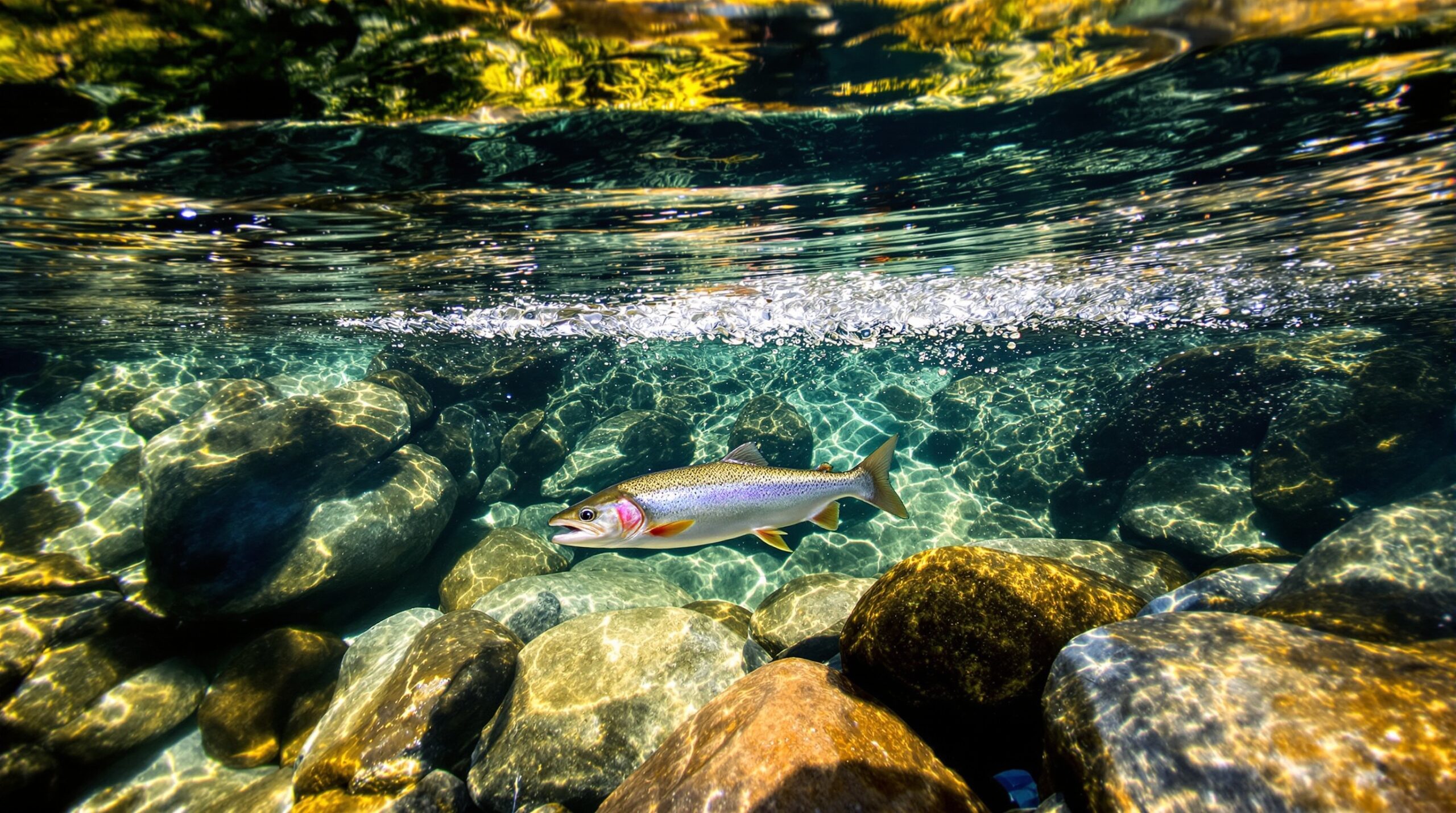 Spooked trout darting away from angler's shadow in crystal clear mountain stream with ripples spreading across water