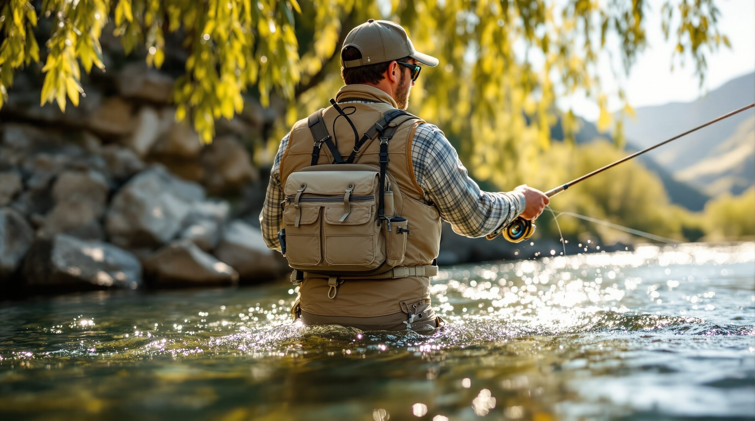 Fly fisherman mid-cast in mountain stream wearing traditional khaki fly fishing vest with multiple pockets and gear