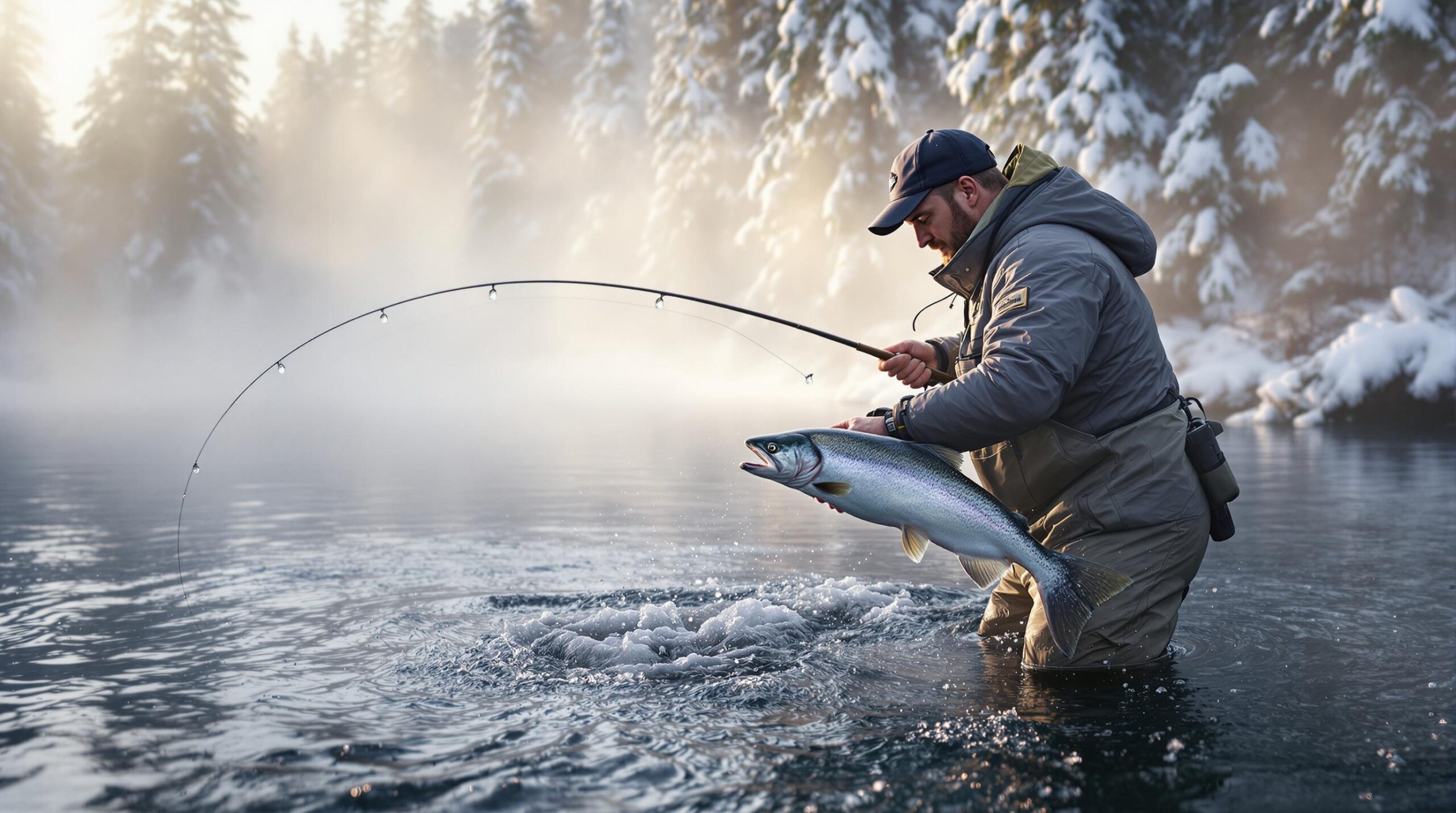 Angler in heavy winter gear fights steelhead in misty Washington river during winter fly fishing Washington adventure at dawn, surrounded by snow-covered evergreens and crystalline water.