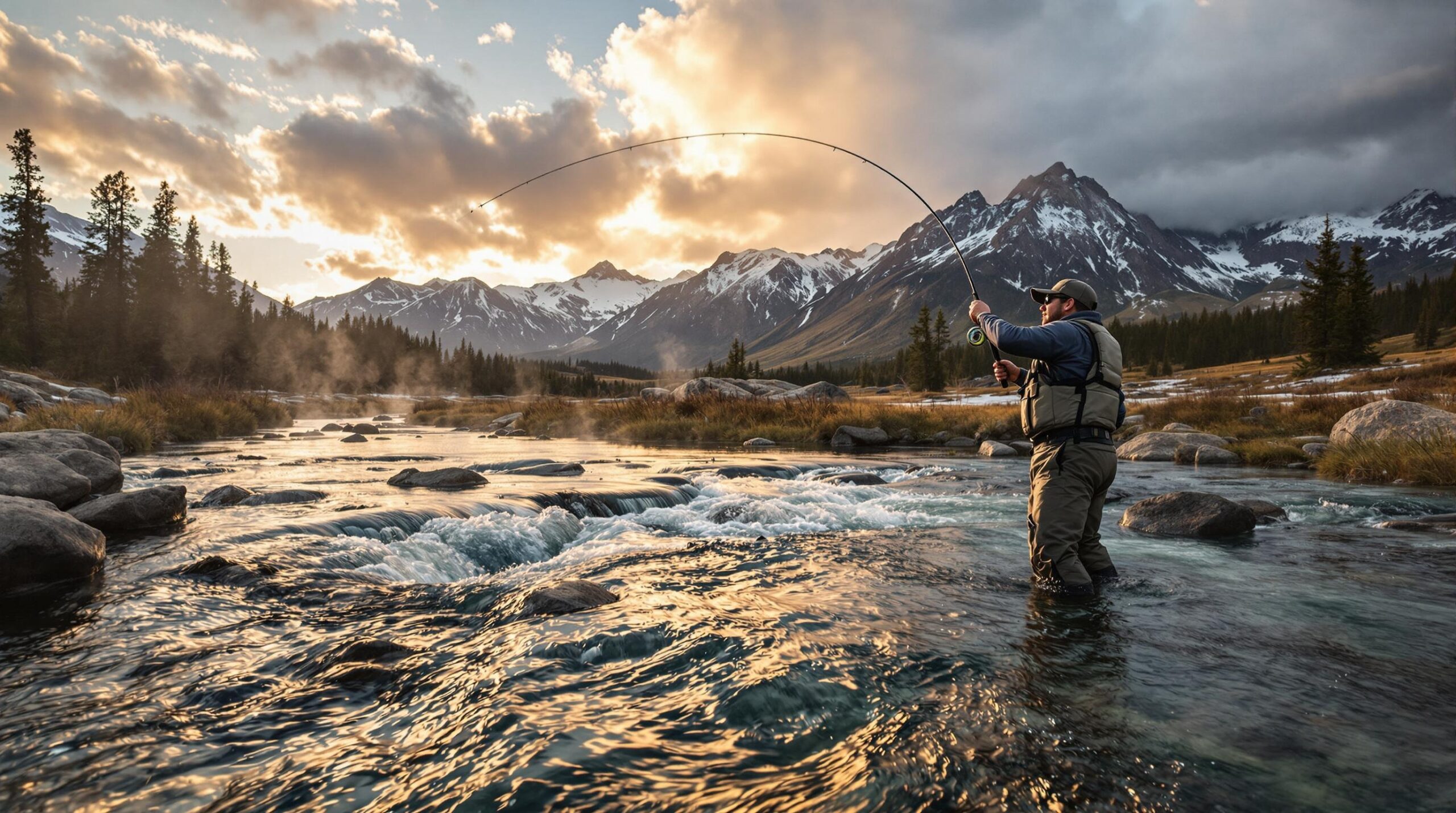 Fly fisherman casting on pristine mountain stream in Yellowstone National Park, one of America's premier fly fishing travel destinations, with snow-capped peaks and geothermal features during golden hour.