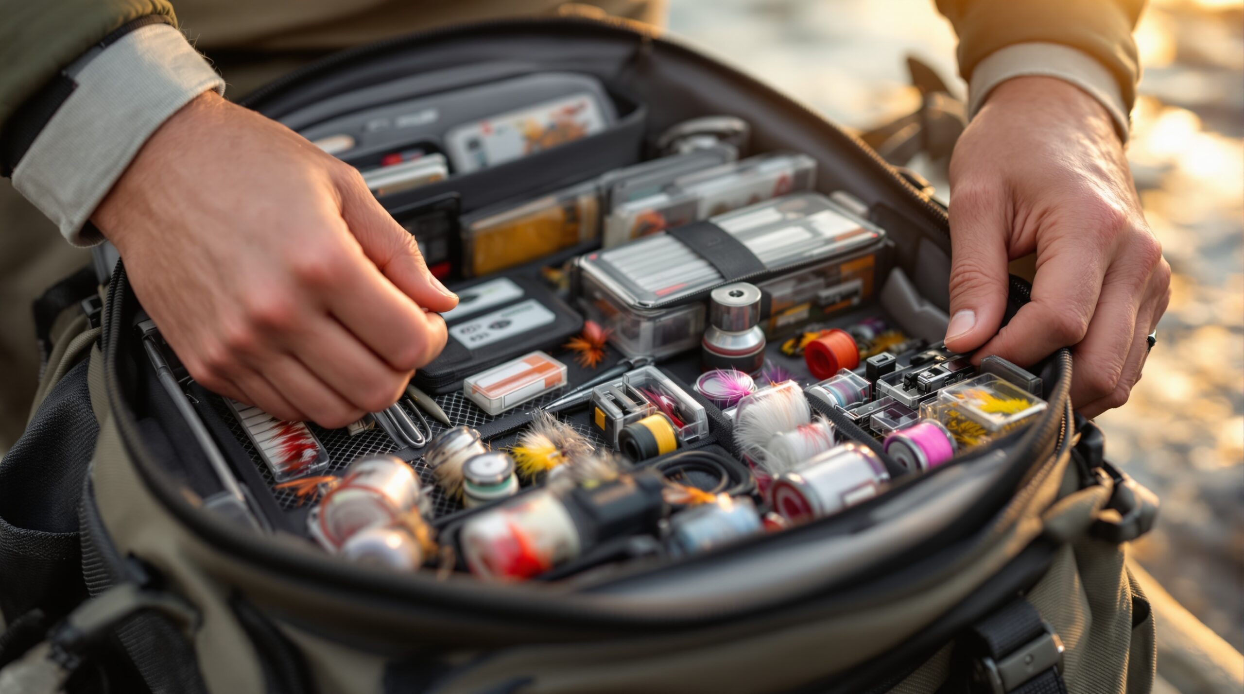 Angler's hands organizing fly fishing gear in open sling pack showing compartments, fly boxes, and tackle arrangement
