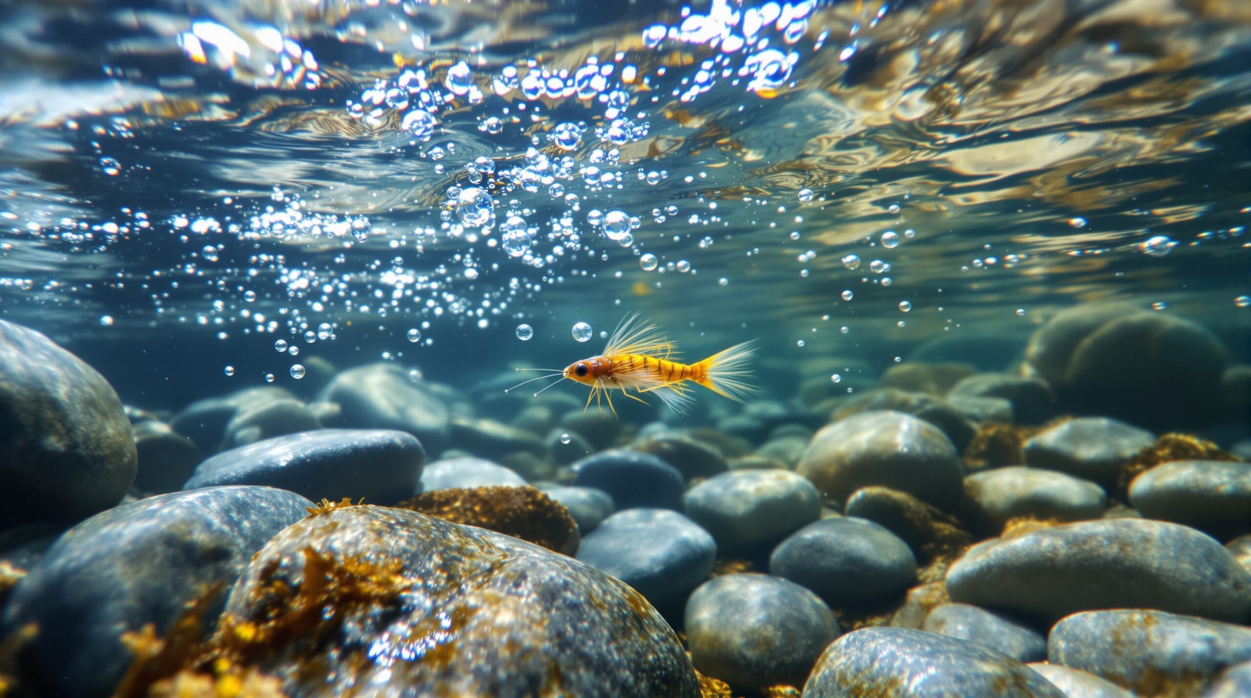 Realistic nymph fly pattern drifting underwater near rocky stream bottom with sunlight filtering through clear water