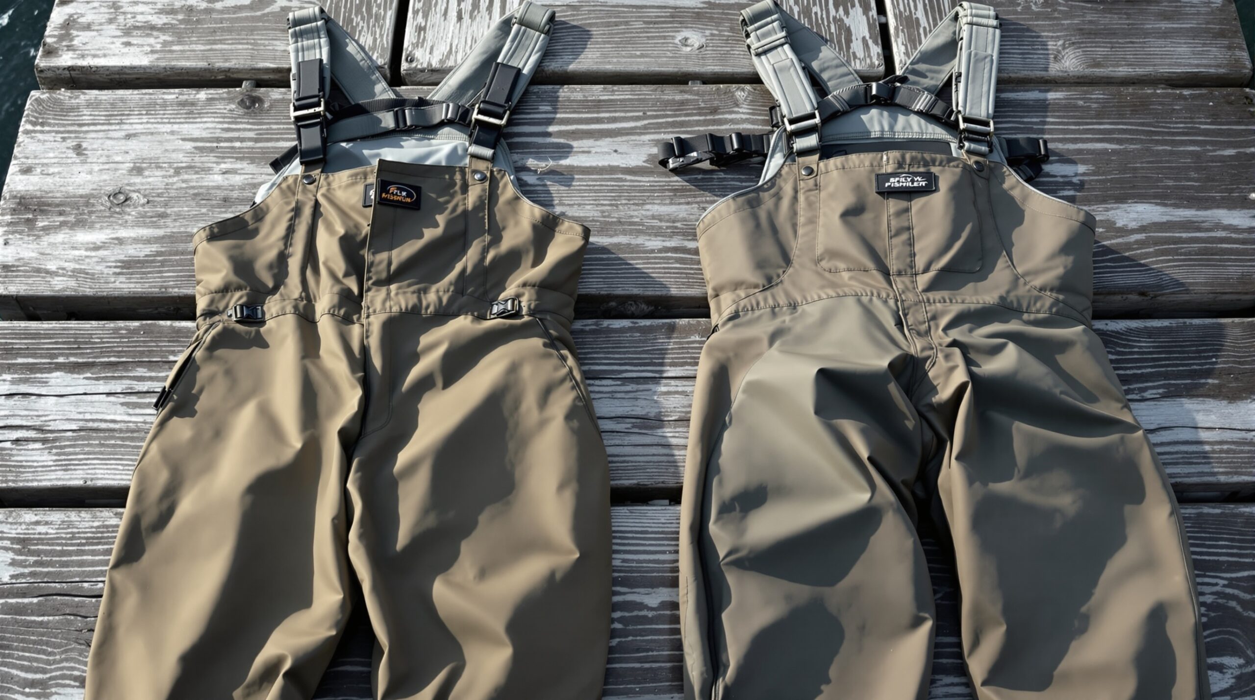 Side-by-side comparison of premium and budget fly fishing waders showing construction quality differences