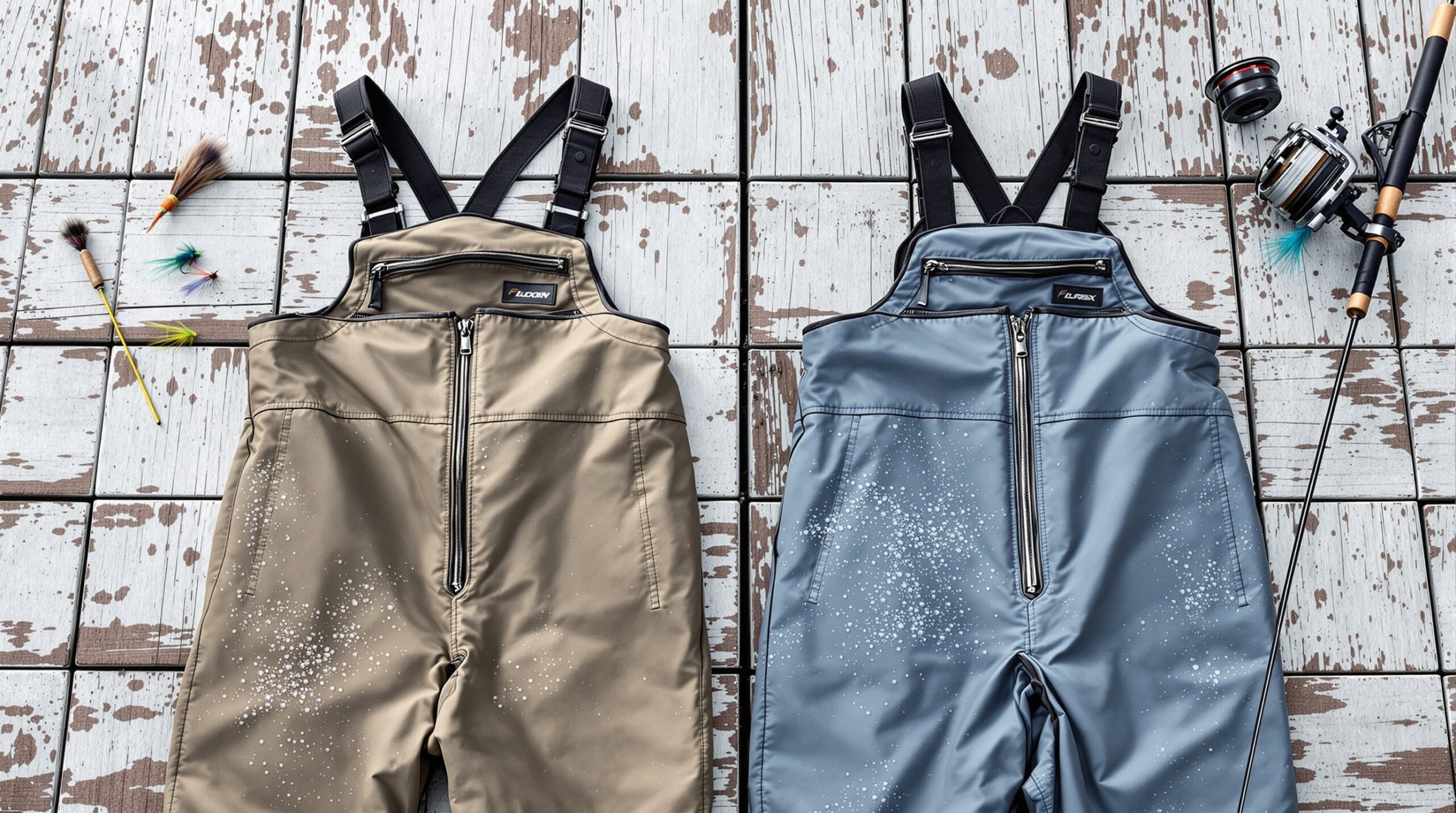 Two fly fishing waders side by side on wooden dock showing quality differences in materials and construction
