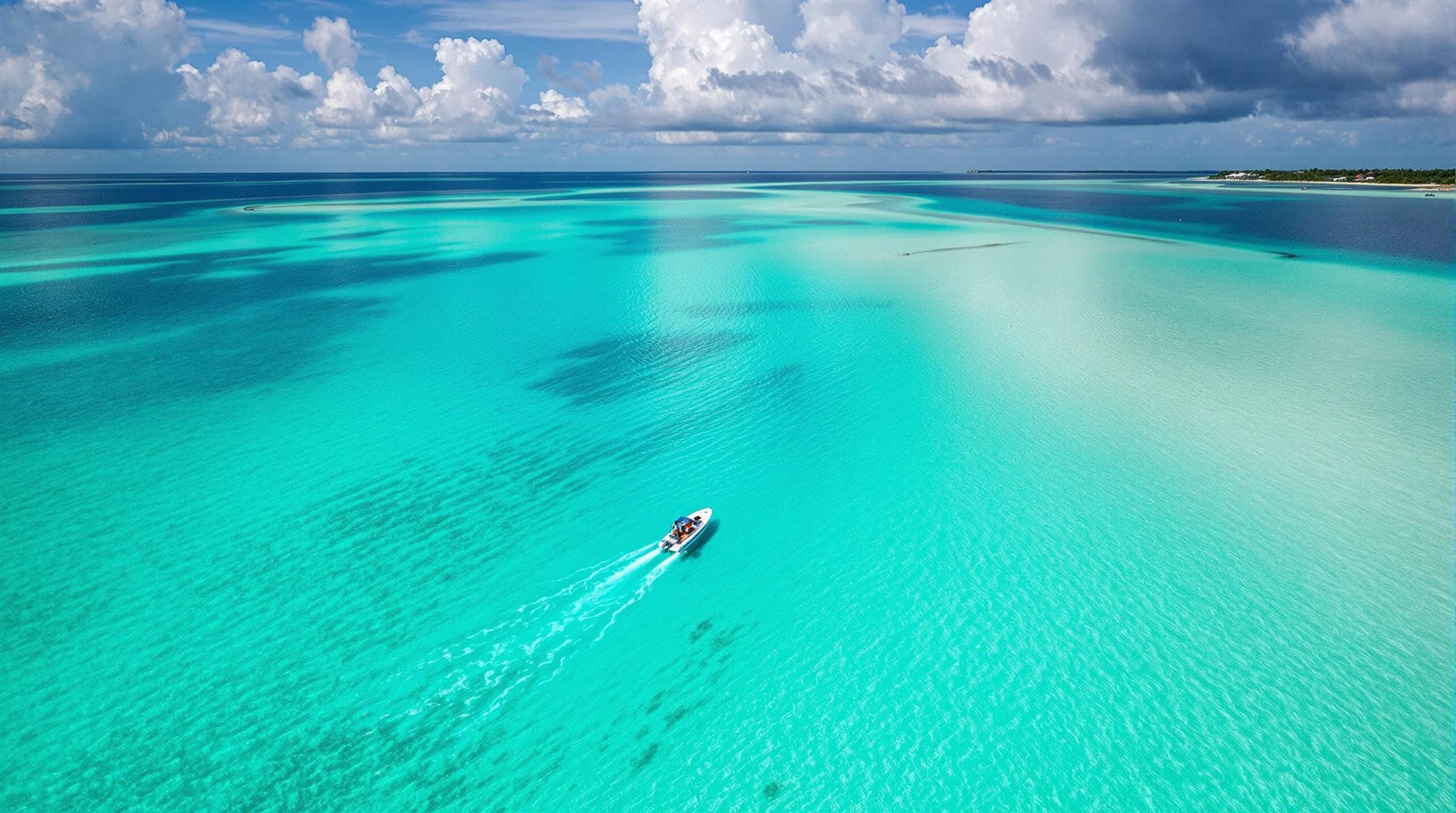 Aerial view of Ascension Bay turquoise flats with fly fisherman casting from boat toward bonefish
