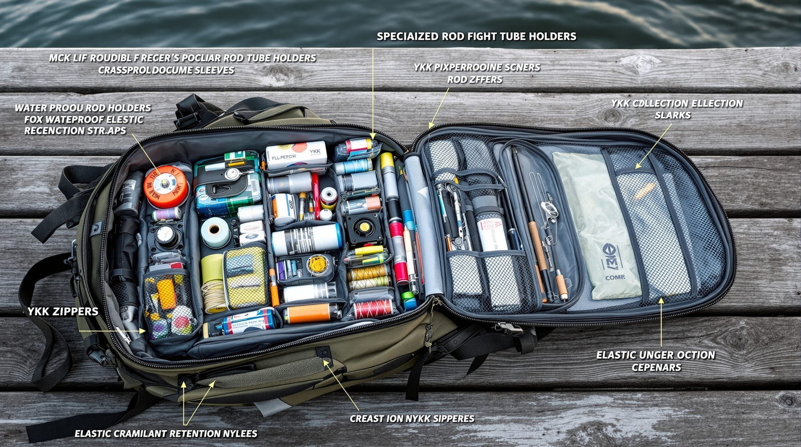 Open fly fishing backpack showing organized compartments with fly boxes, tools, and gear storage solutions