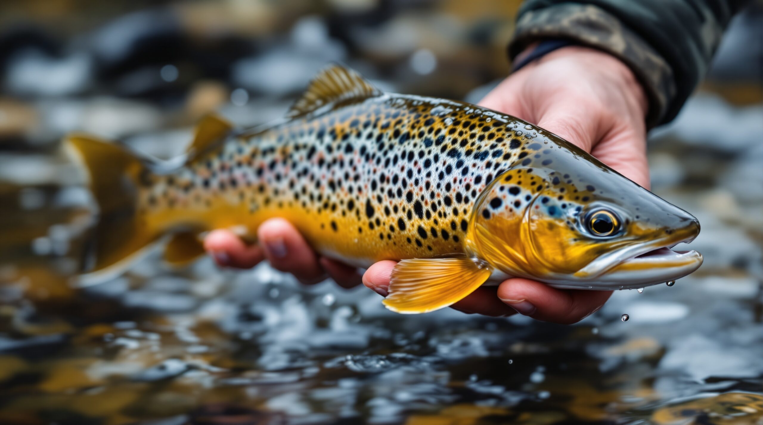 Angler holding spotted Arctic char above clear Icelandic river water, showcasing fly fishing catch-and-release
