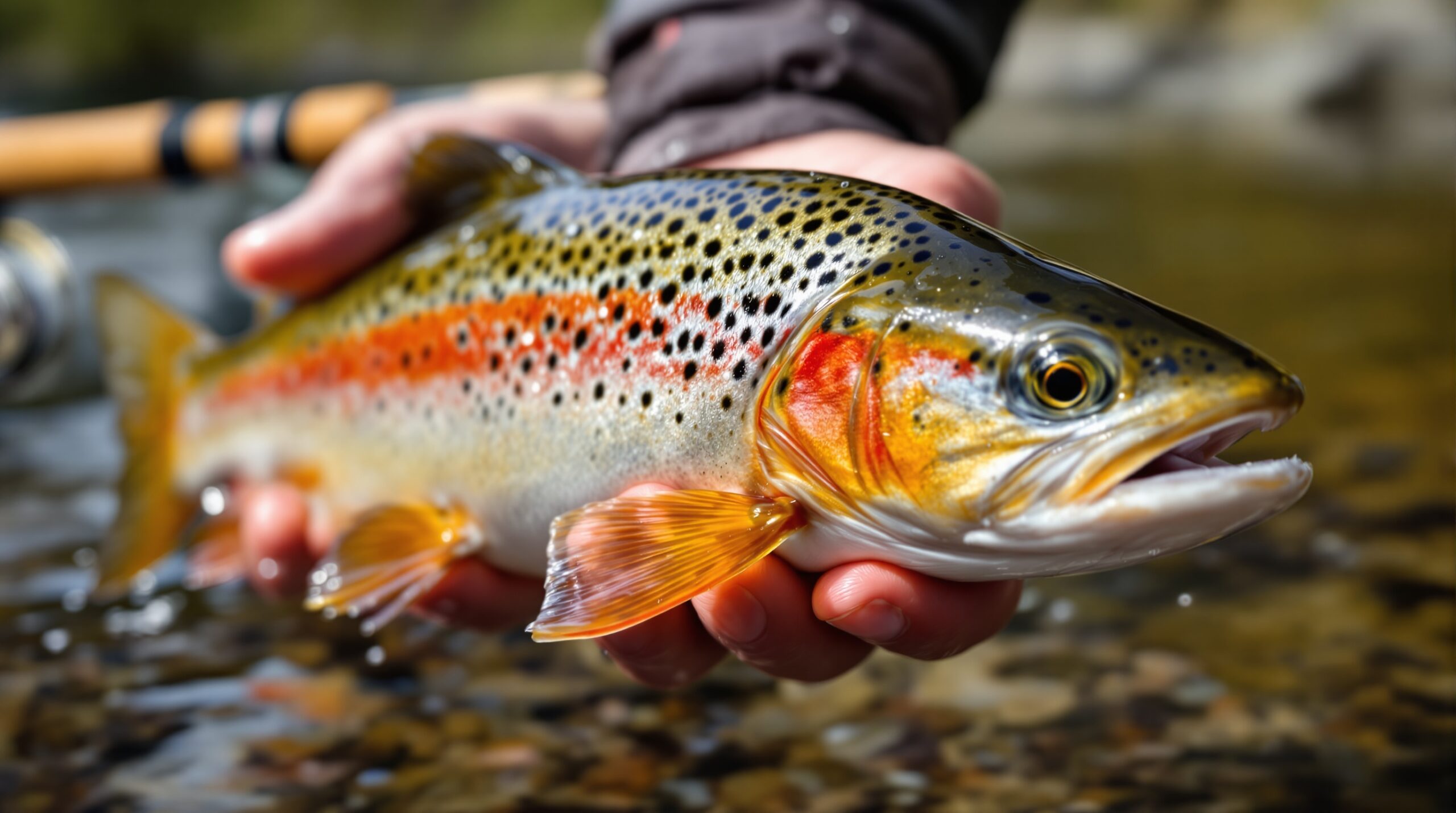 Wild cutthroat trout with distinctive orange slash marks held gently above clear Idaho mountain stream during fly fishing