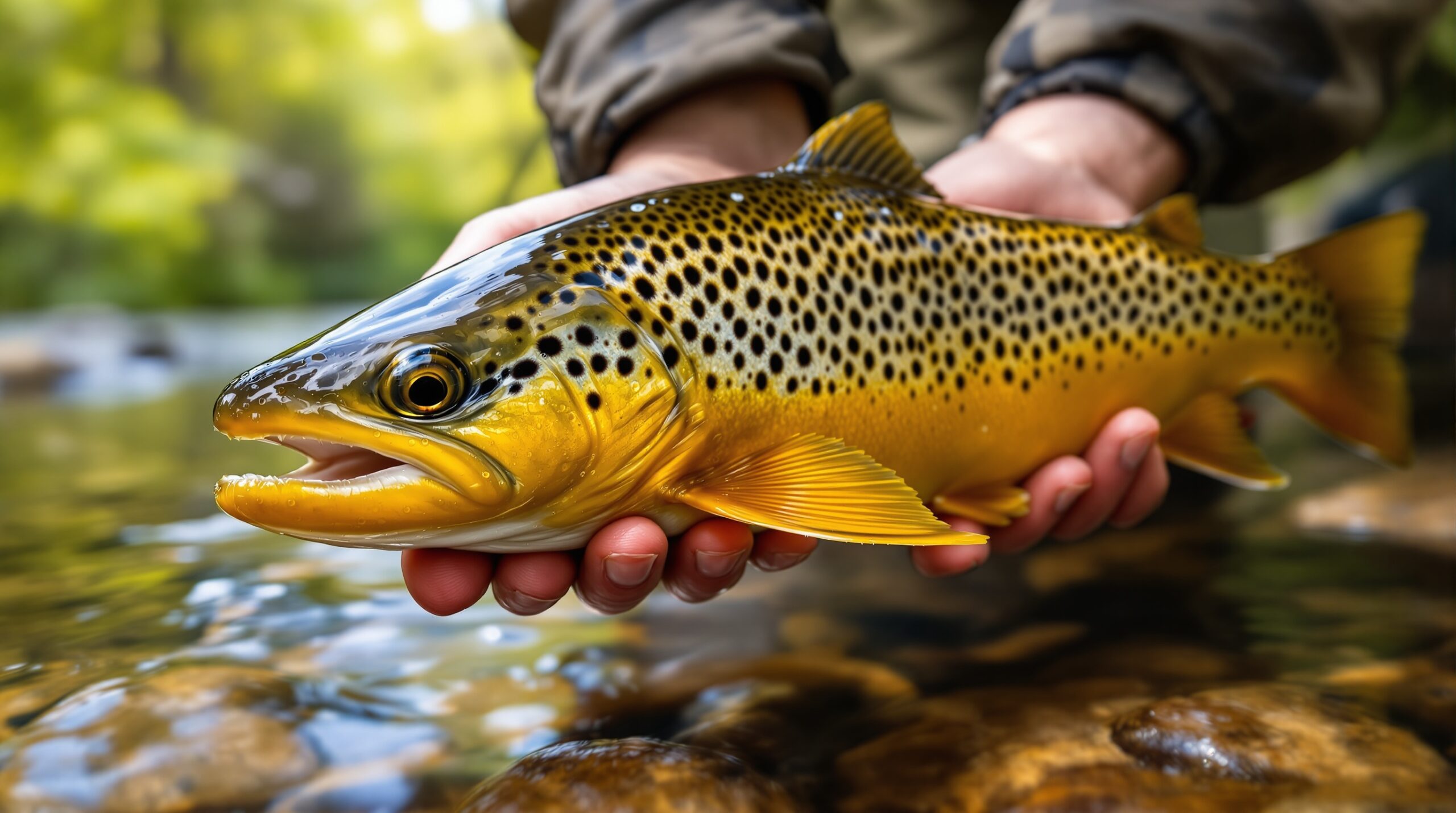 Wild Irish brown trout with golden flanks and spotted pattern held in hands above clear river water