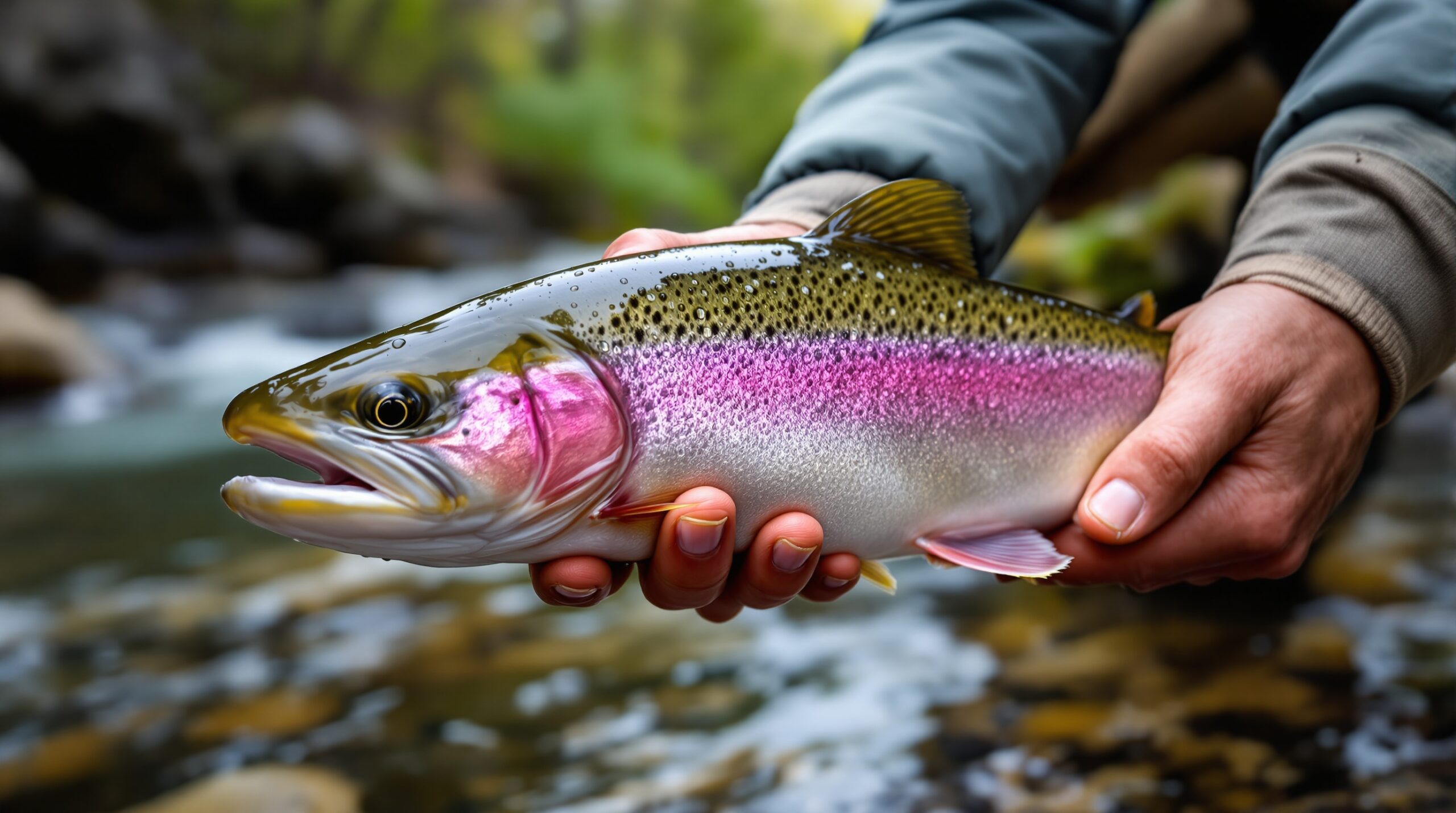 Fly fisherman's hands gently holding a rainbow trout above clear Montana mountain stream water