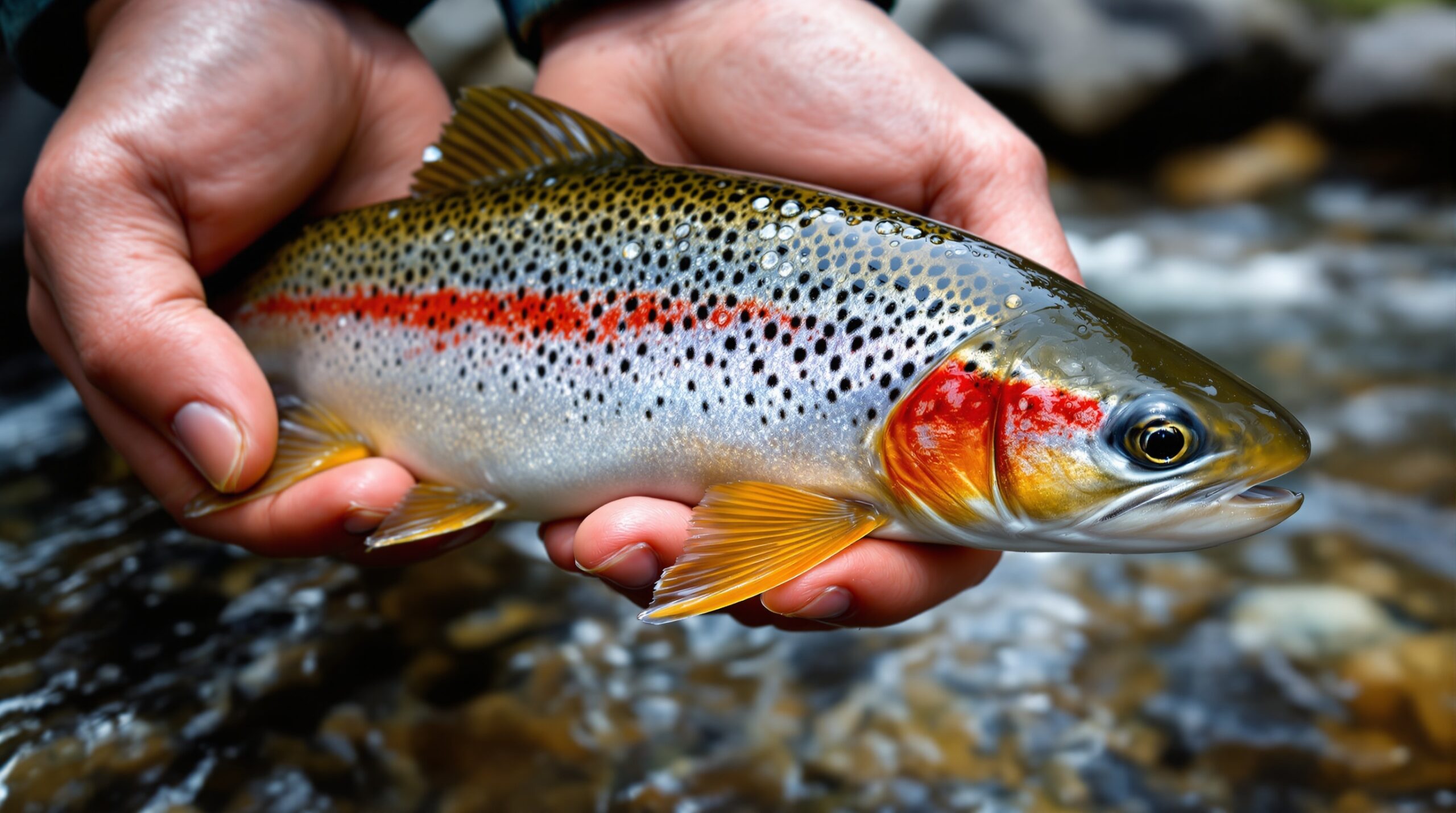 Close-up of native cutthroat trout with red markings held in hands above Utah mountain stream during fly fishing