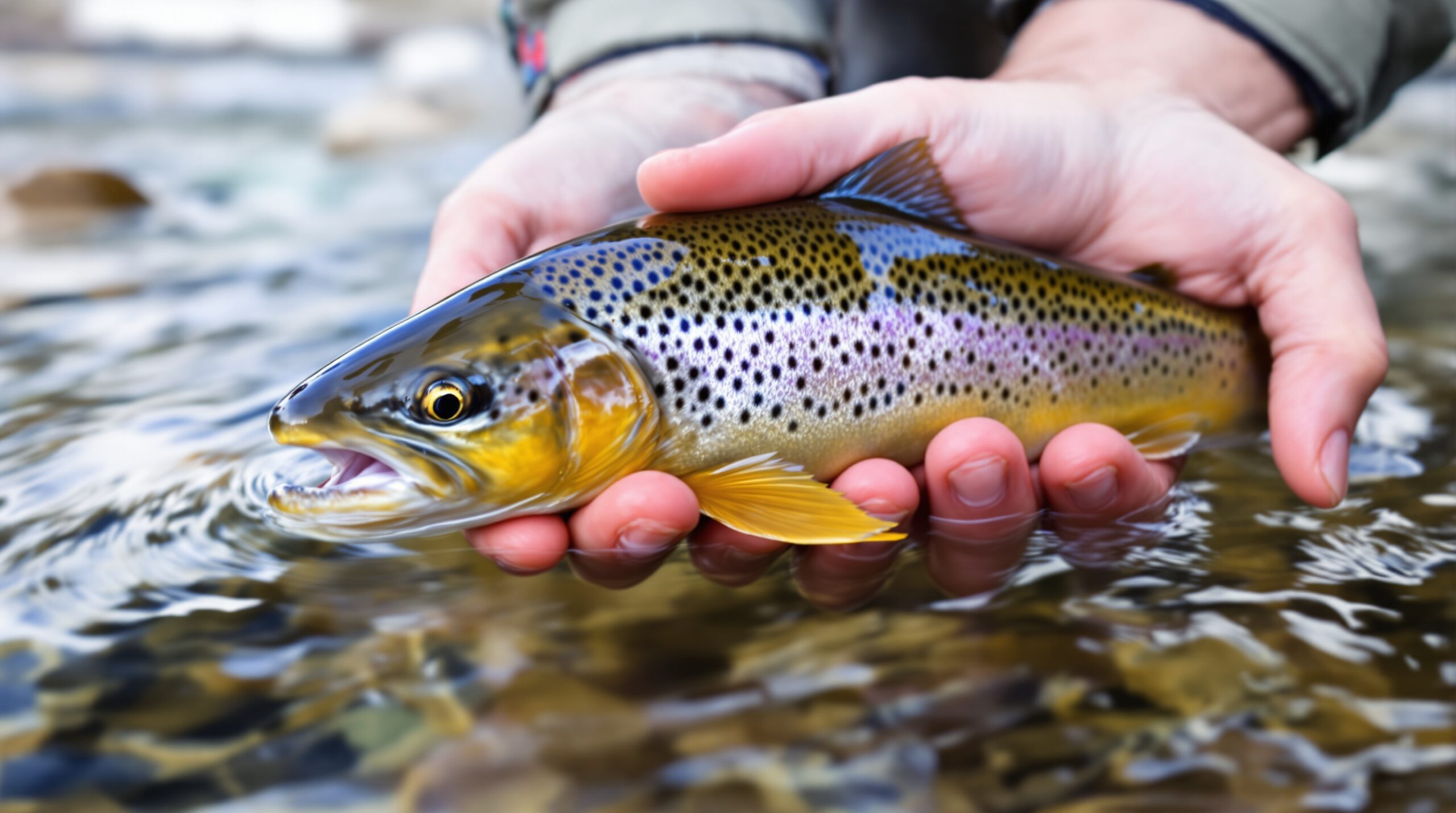 Wild trout with spotted patterns held in cupped hands above clear Wyoming mountain stream water for catch-and-release