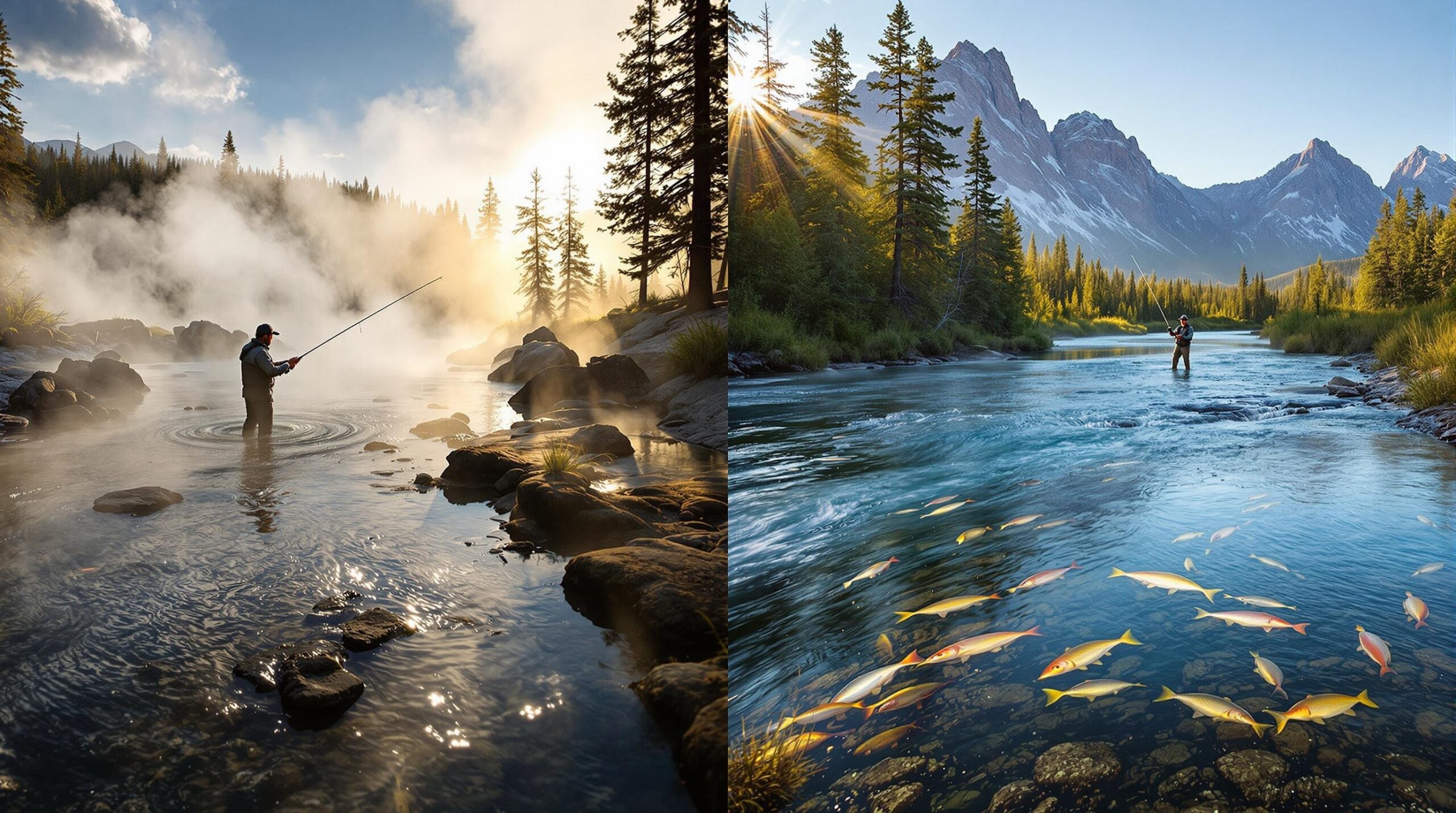 Split-scene image showcasing premier fly fishing destinations in Yellowstone: steamy Firehole River with thermal waters and golden mist on left, pristine Lamar River in expansive mountain valley on right, both featuring fly fishermen casting for trout in dramatic morning light.