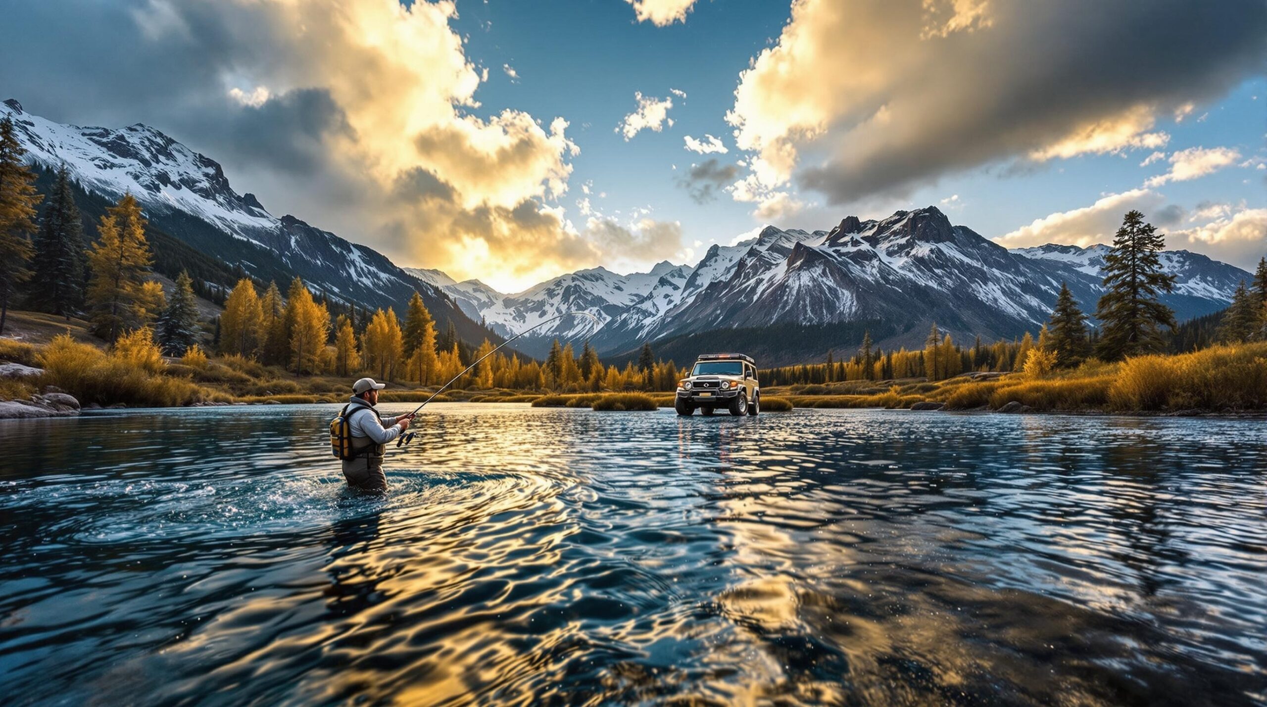 Fly fisherman casting in pristine Rocky Mountain river surrounded by snow-capped peaks and pine forests, showcasing destinations featured in fly fishing travel packages.