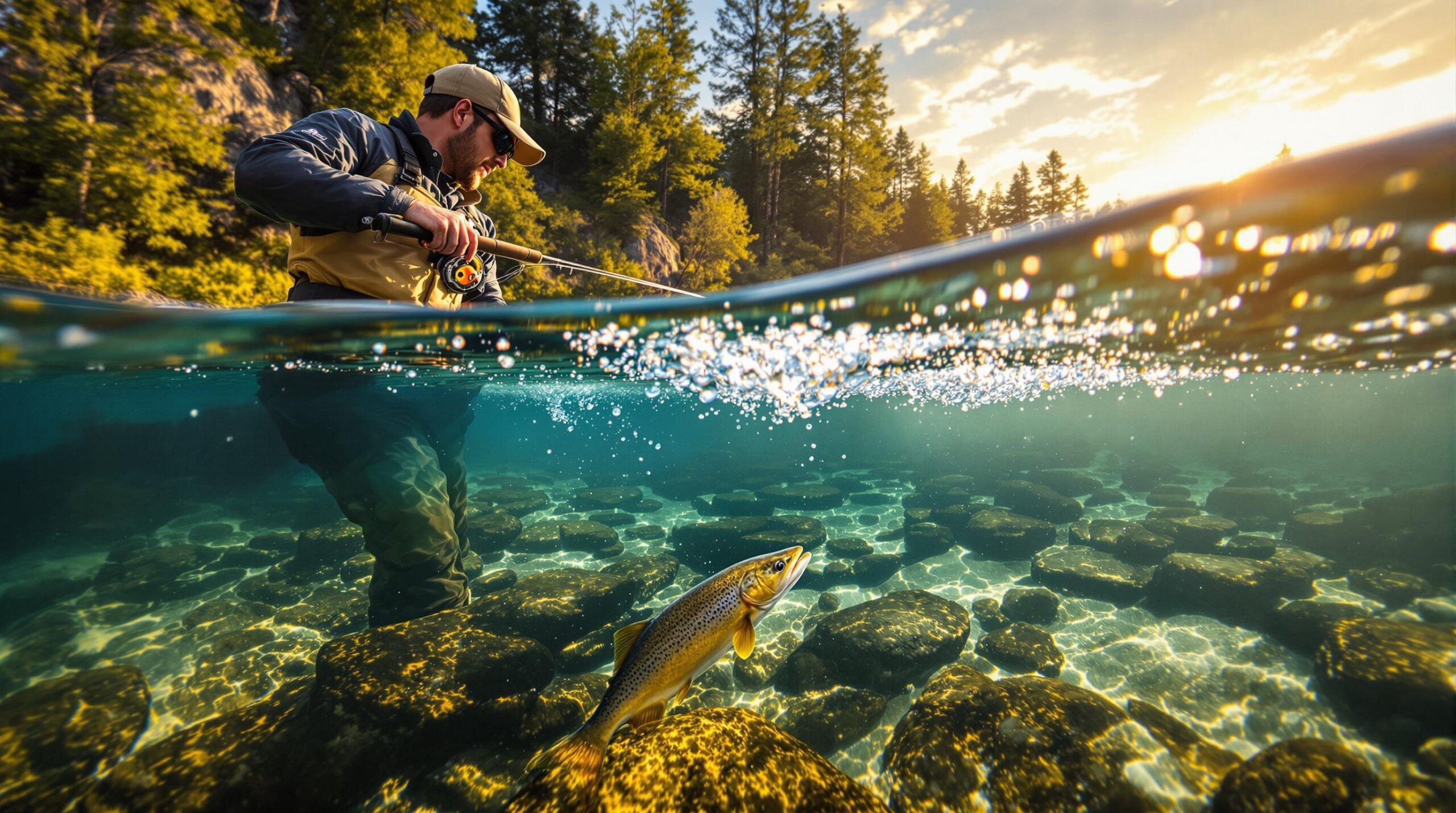  Fly fisherman stands knee-deep in a crystal clear river practicing current seam nymphing, with visible foam line marking where fast and slow waters meet as a trout holds position nearby, illuminated by golden morning light. 