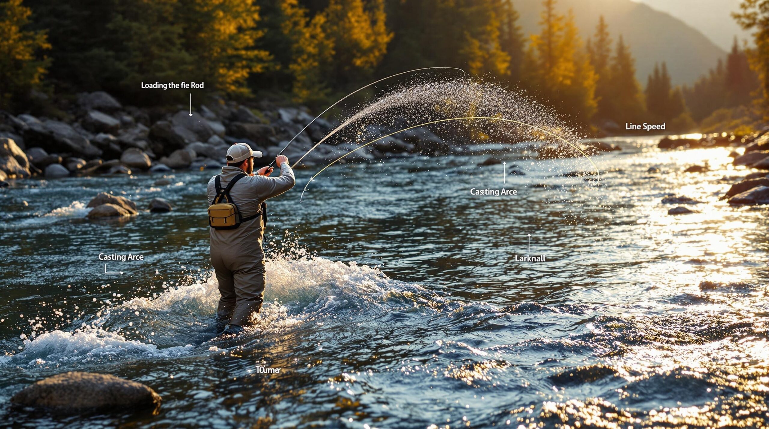 Fly fisherman demonstrating perfect casting technique in a mountain stream during golden hour, with educational fly fishing glossary terms labeled around the image.