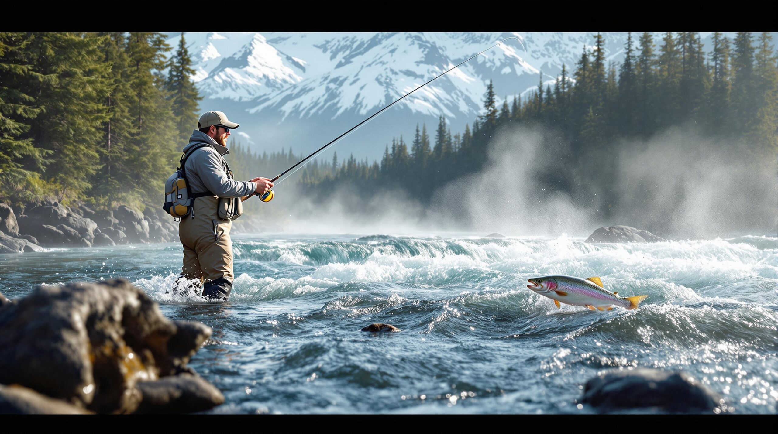  Fly fisherman in waders casting a line in a rushing Alaskan river at dawn, with jumping rainbow trout, misty waters, and snow-capped mountains showcasing the pristine beauty of fly fishing in Alaska. 