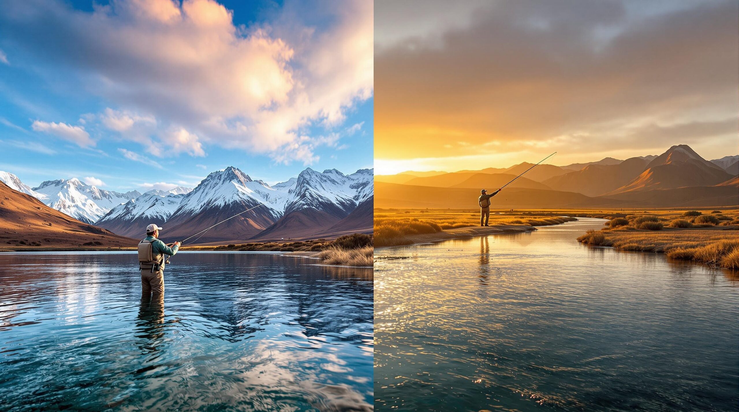 Split-screen comparison showing fly fishing travel packages destinations: angler casting in Chilean mountain river with snow-capped Andes on left, fisherman in Argentine pampas wilderness on right, both captured during golden hour.