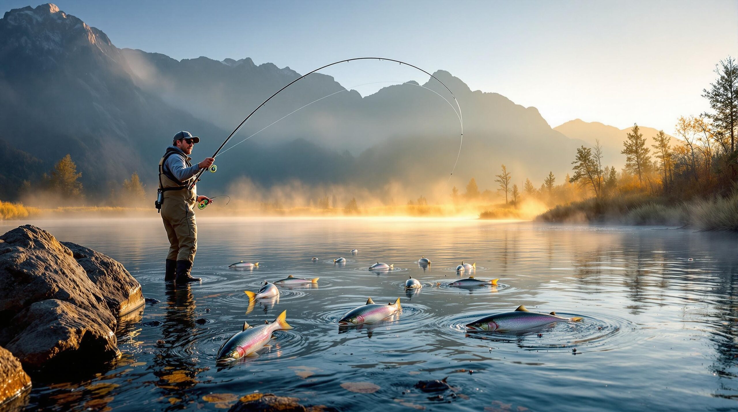  Angler fly fishing in Oregon's Deschutes River at sunrise, casting line over clear water with rainbow trout visible below and mountain backdrop. 