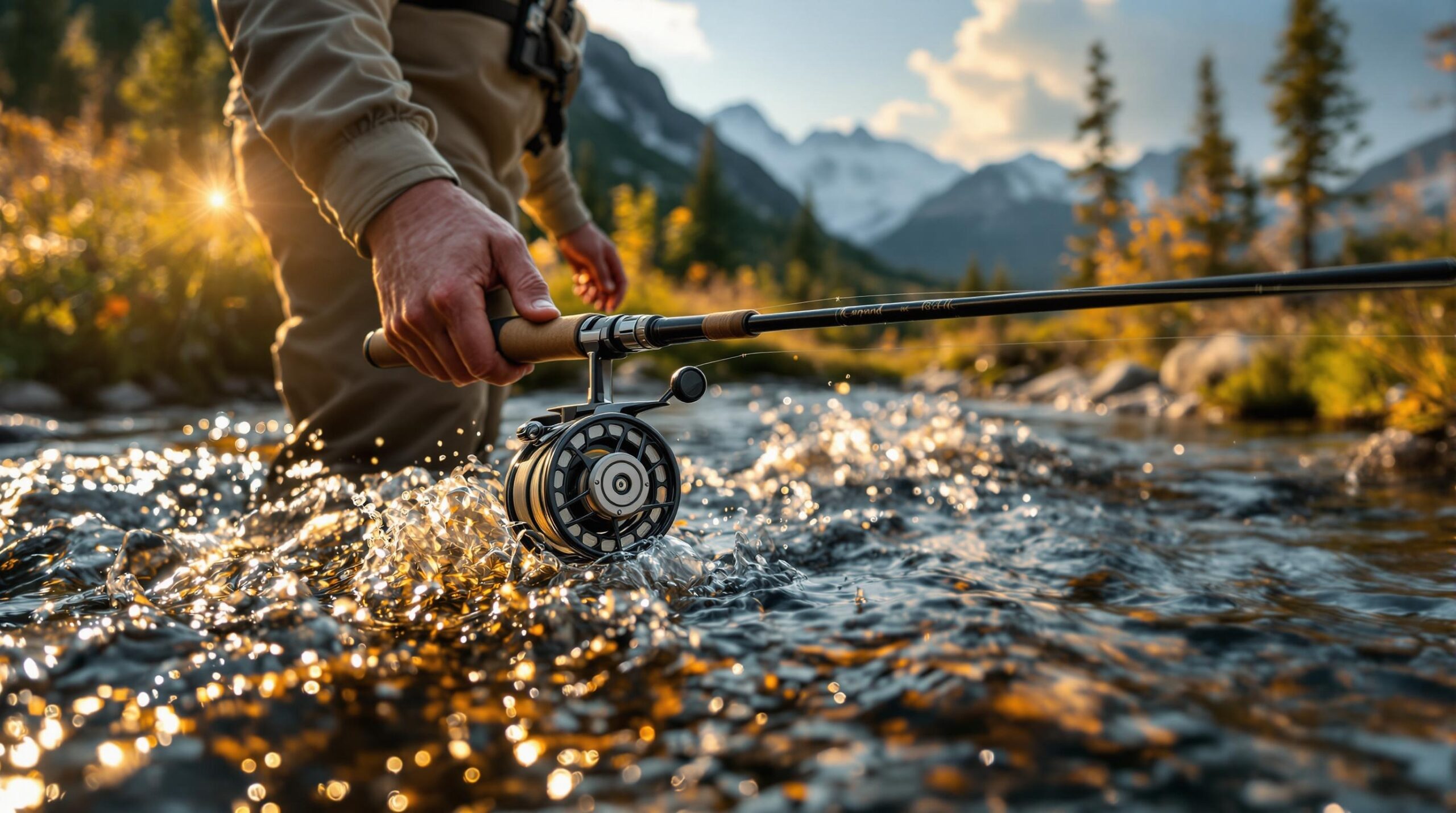 Fly angler casting in mountain stream at golden hour, demonstrating techniques from a fly fishing glossary, with detailed view of rod, reel and specialized line.