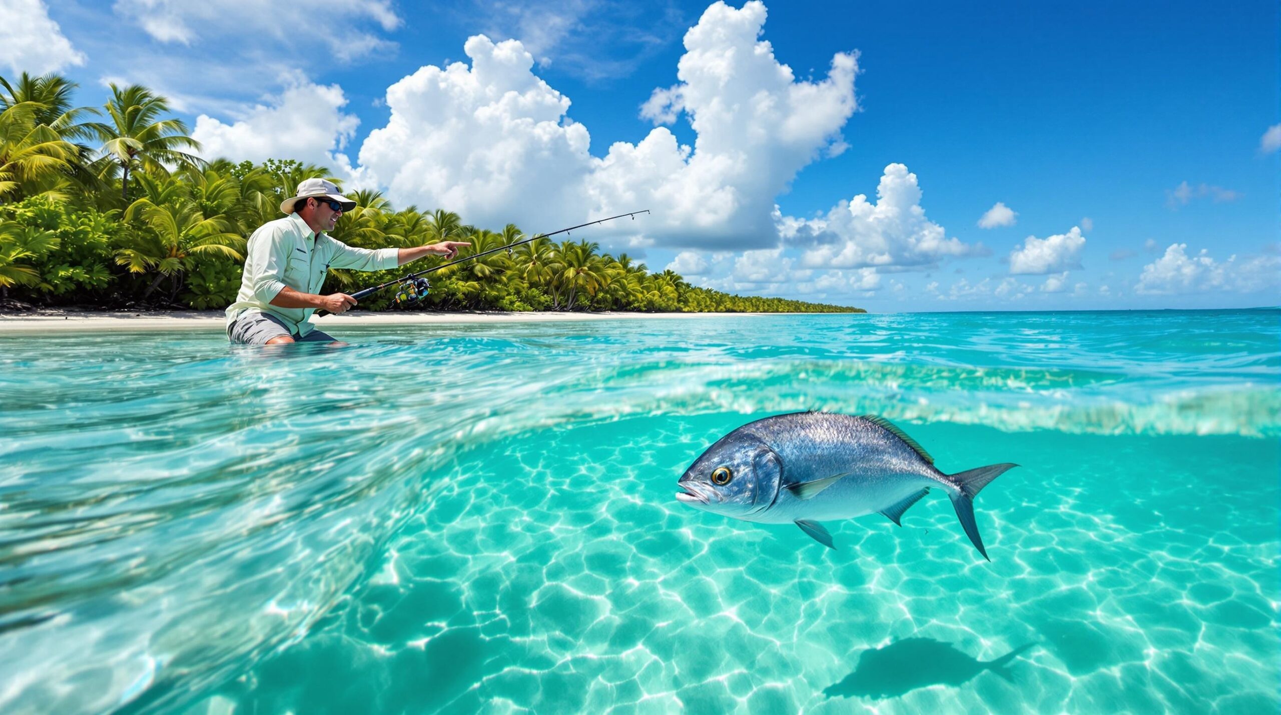 Angler casting to permit in Ascension Bay's turquoise waters with Mayan guide