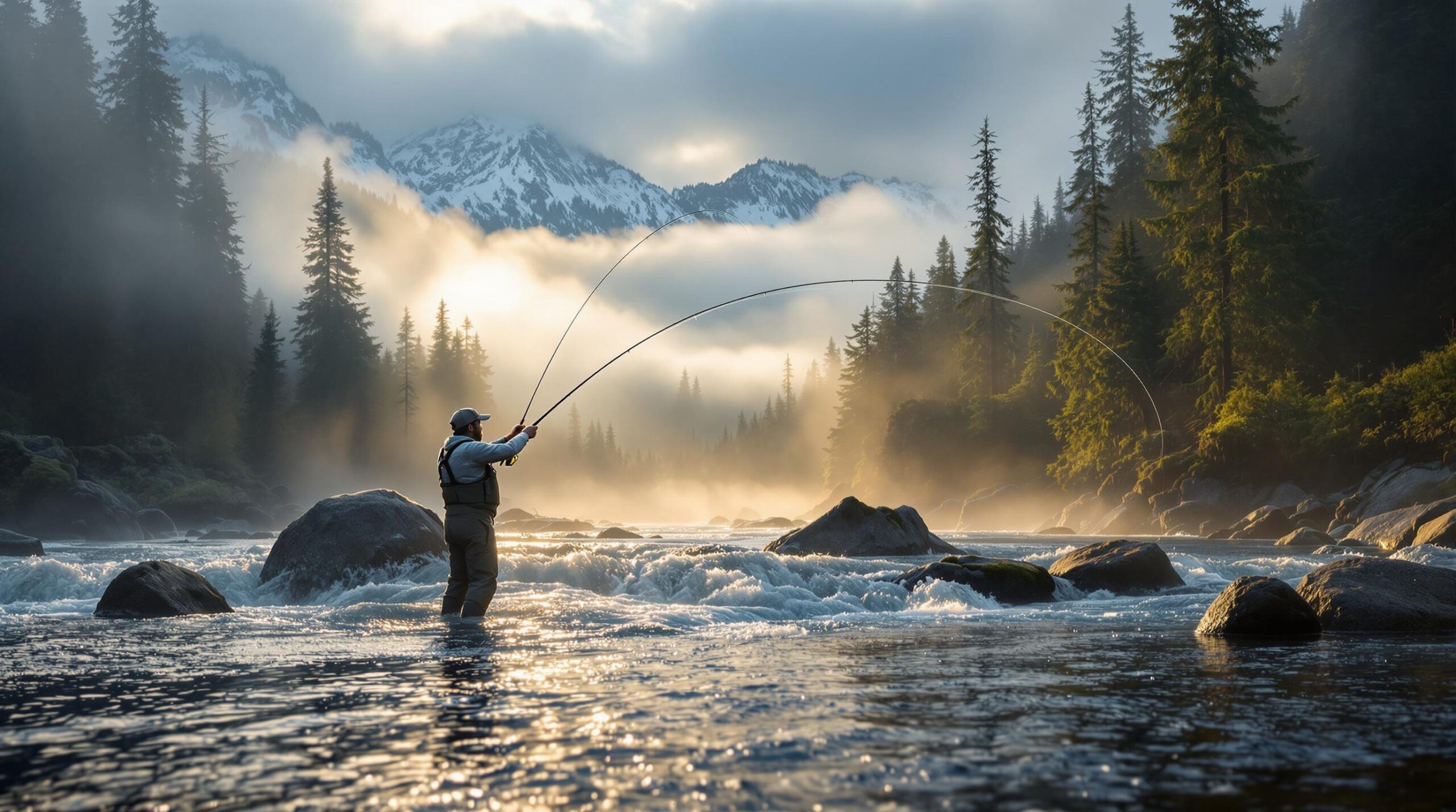 Fly fisherman casting two-handed rod in rushing waters during Skagit River fly fishing at dawn, with snow-capped North Cascade mountains and misty forests in background.