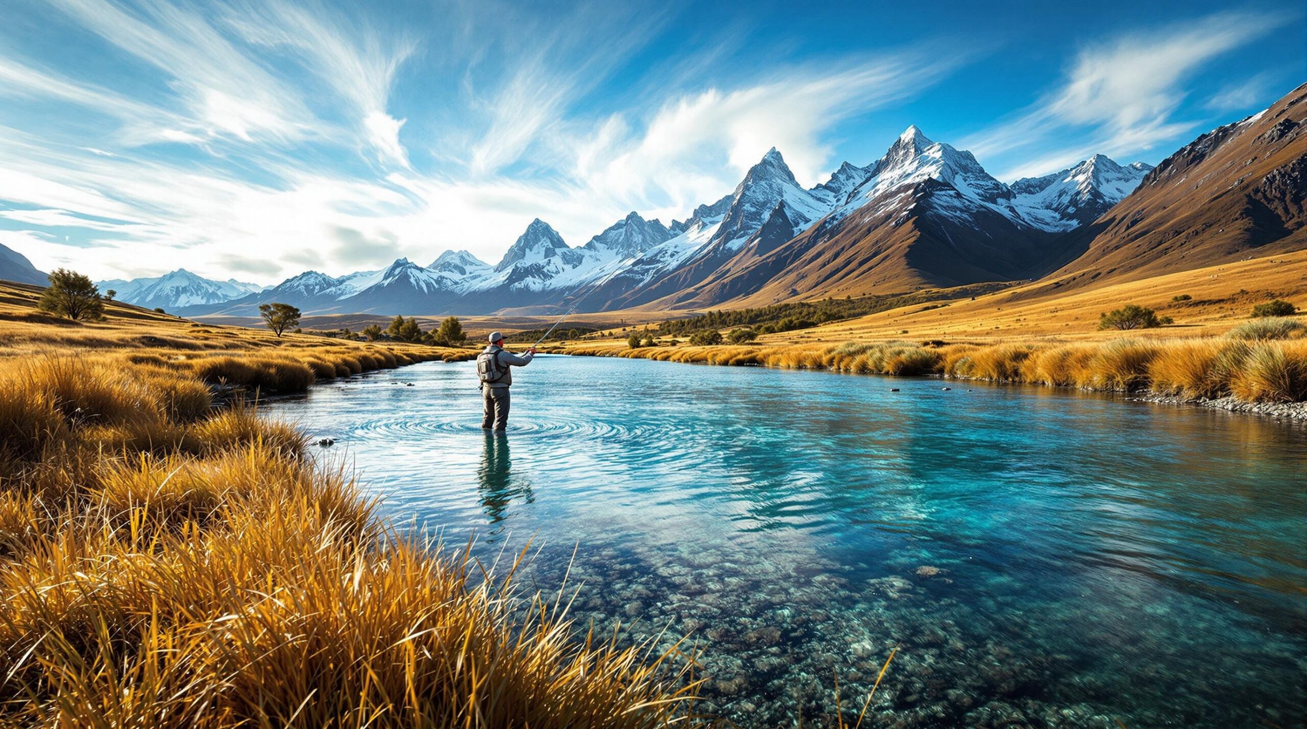 Fly fisherman casting in pristine Patagonian river with snow-capped Andes Mountains, showcasing one of the world's top fly fishing destinations with crystal-clear turquoise waters and dramatic wilderness landscape.