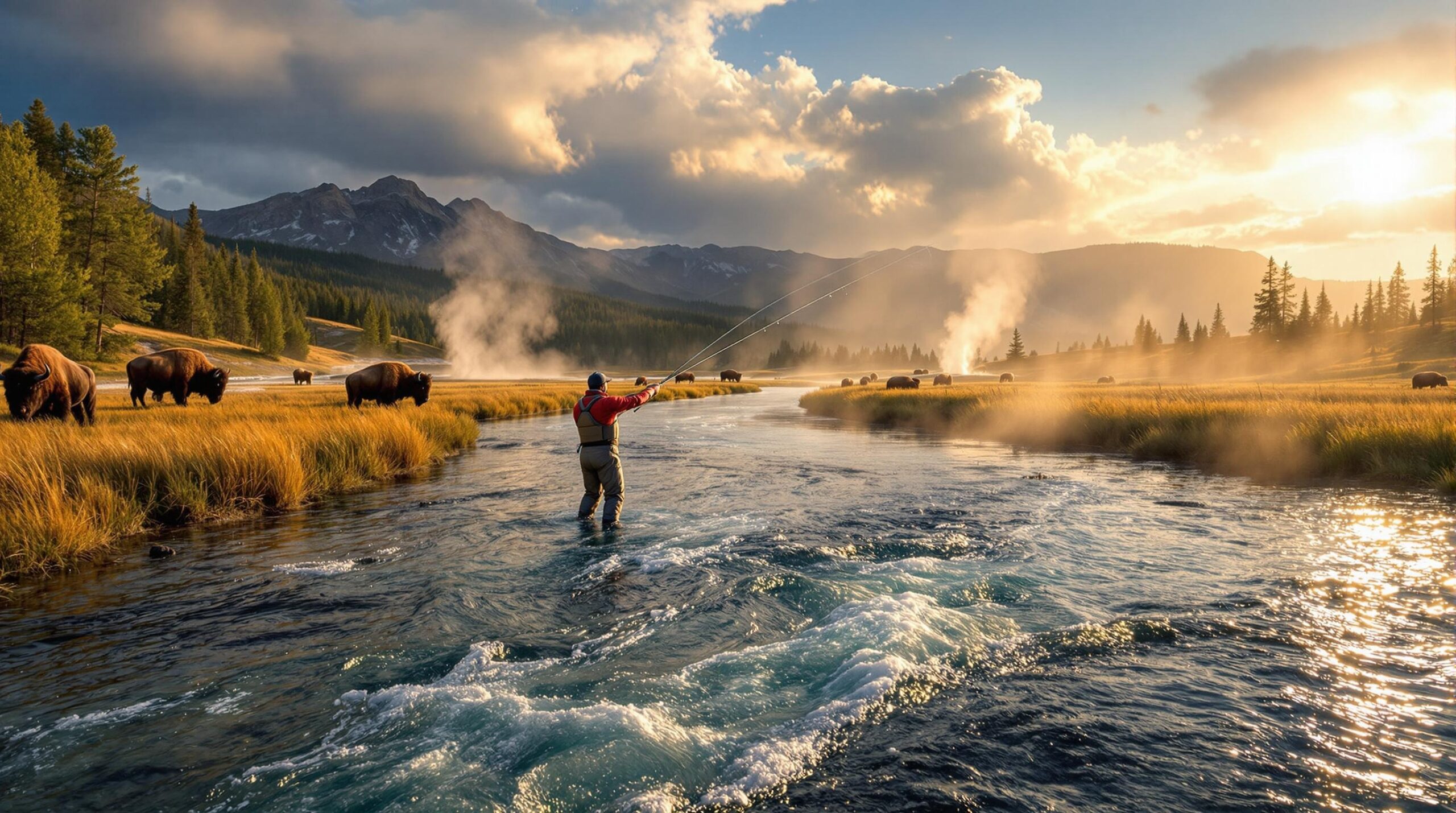 Angler on fly fishing trips casting into pristine mountain river in Yellowstone National Park with steaming geysers and grazing bison in background