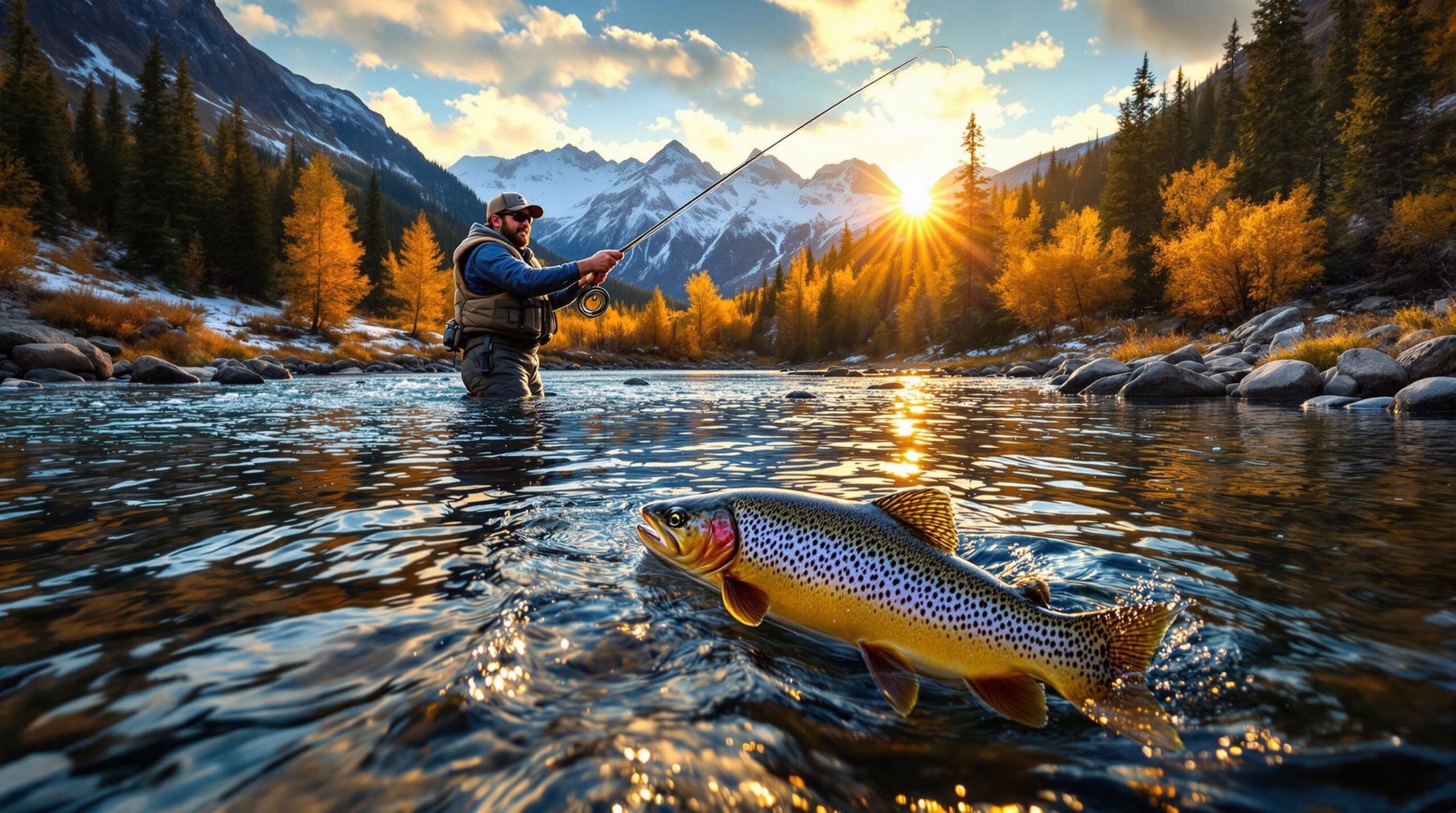 A silhouetted angler fly fishing in Colorado at sunset, casting a line in a pristine mountain river surrounded by autumn foliage and snow-capped peaks reflecting in the crystal-clear water. 