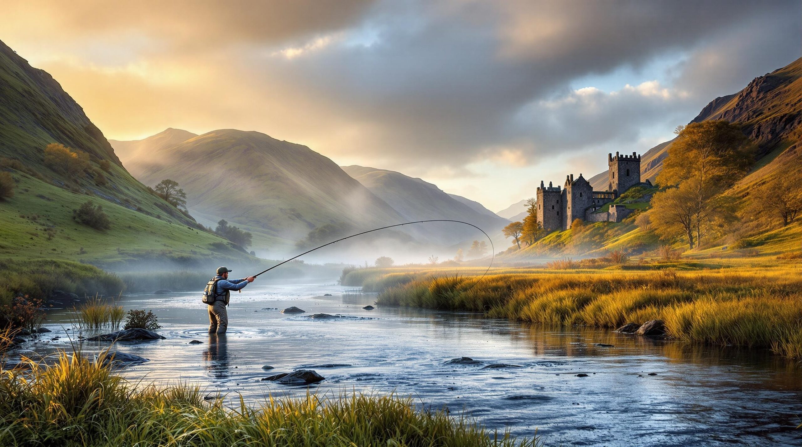  Angler casting a fly rod on a serene river in the Scottish Highlands at golden hour, with mist rising from the water and mountains in the background, showcasing the beauty of fly fishing in Scotland. 