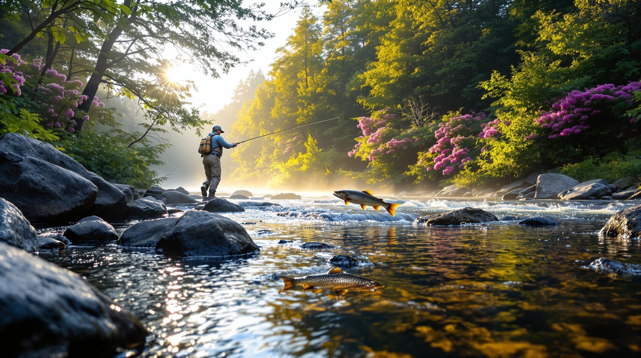 Fly fisherman casting in pristine North Carolina mountain stream during golden hour, showcasing one of the top fly fishing destinations in the Appalachian region with wild trout rising among rhododendron blooms.