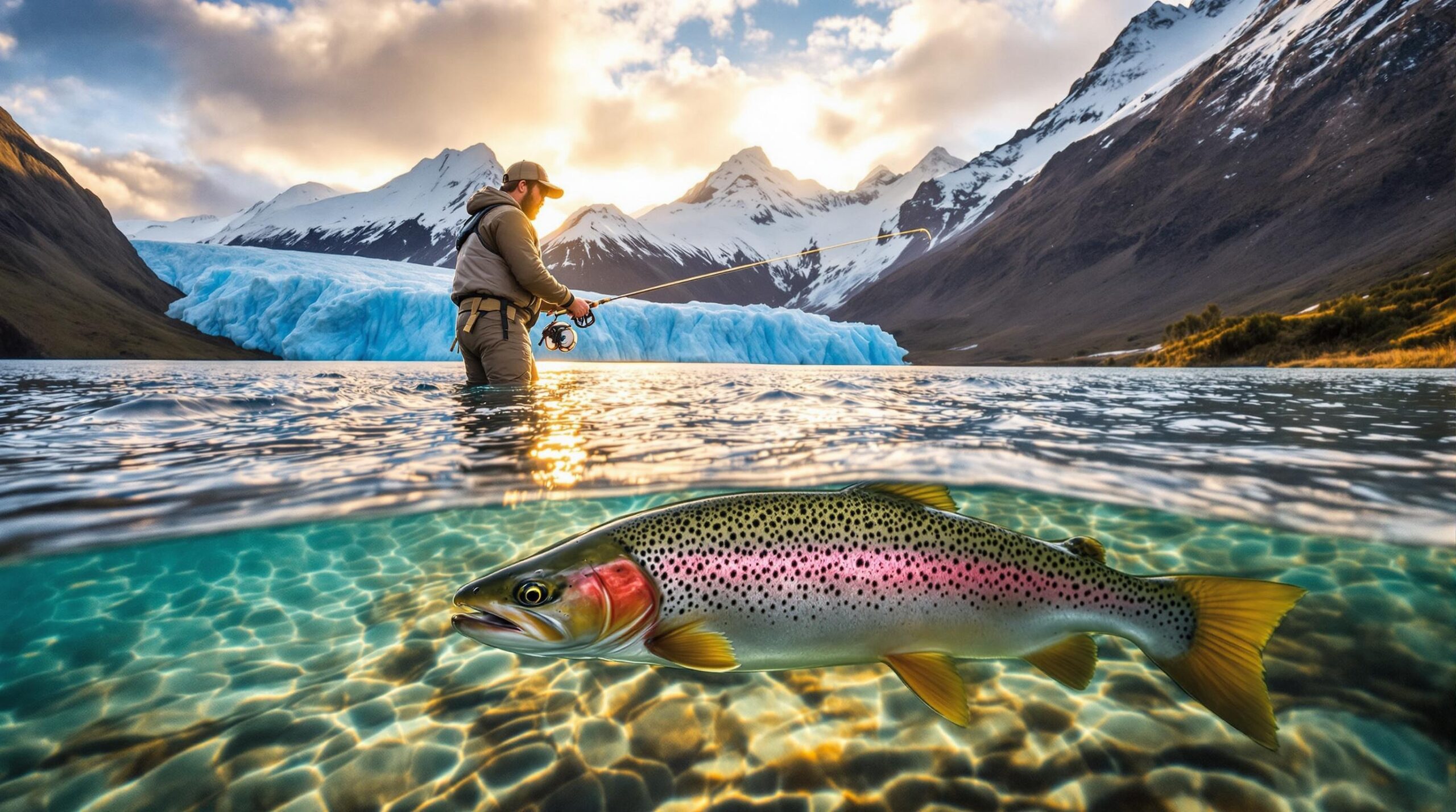 Fly fisherman casting in Patagonian waters with rainbow trout and snow-capped Andean peaks