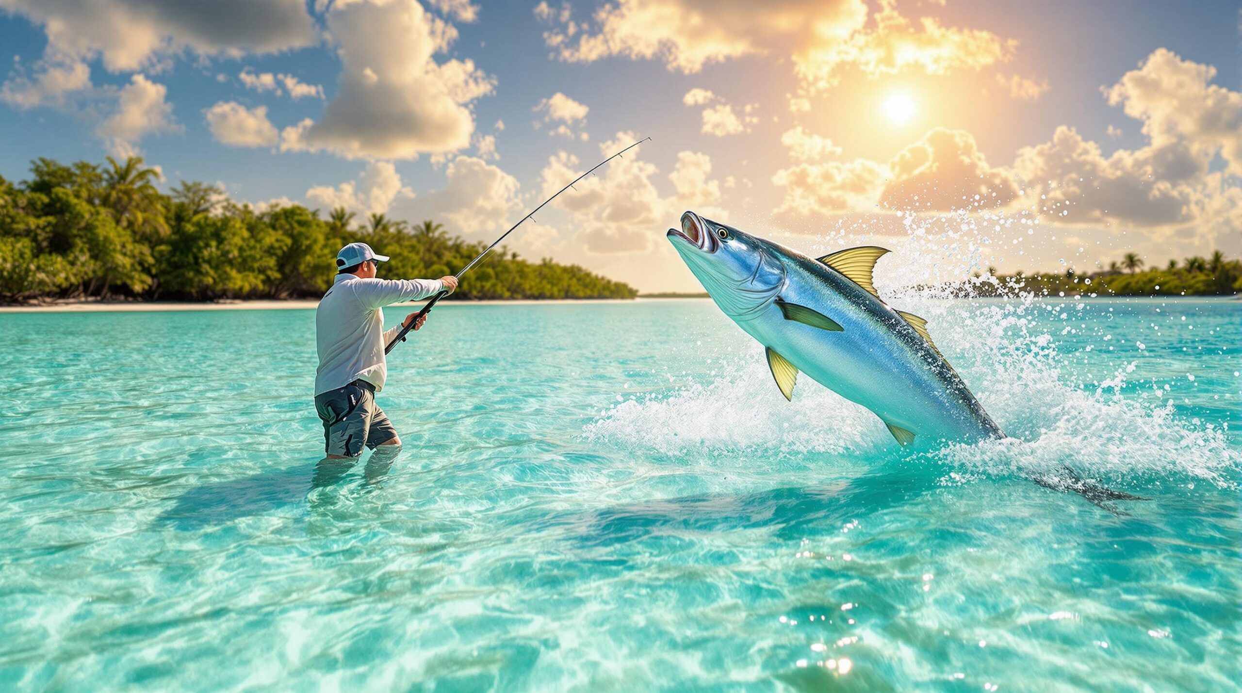 Fly fisherman casting at jumping silver tarpon in crystal-clear turquoise waters near luxury fly fishing lodges Mexico, with golden hour lighting and mangroves in background on Yucatan Peninsula saltwater flats.