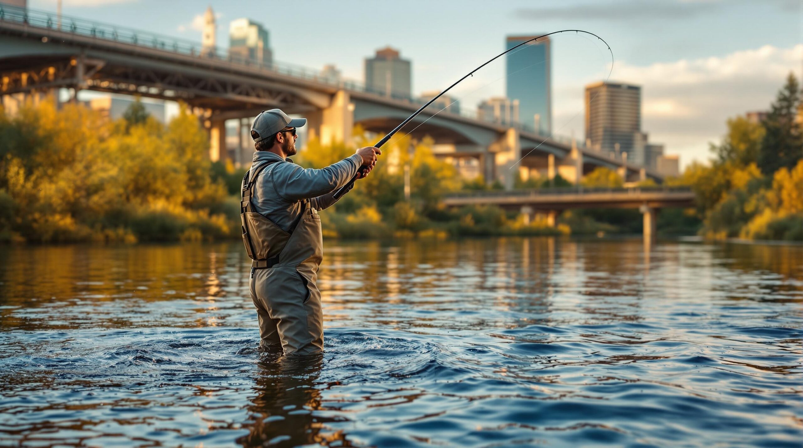 Fly angler casting line into Spokane River with downtown Spokane city skyline visible in background during golden hour
