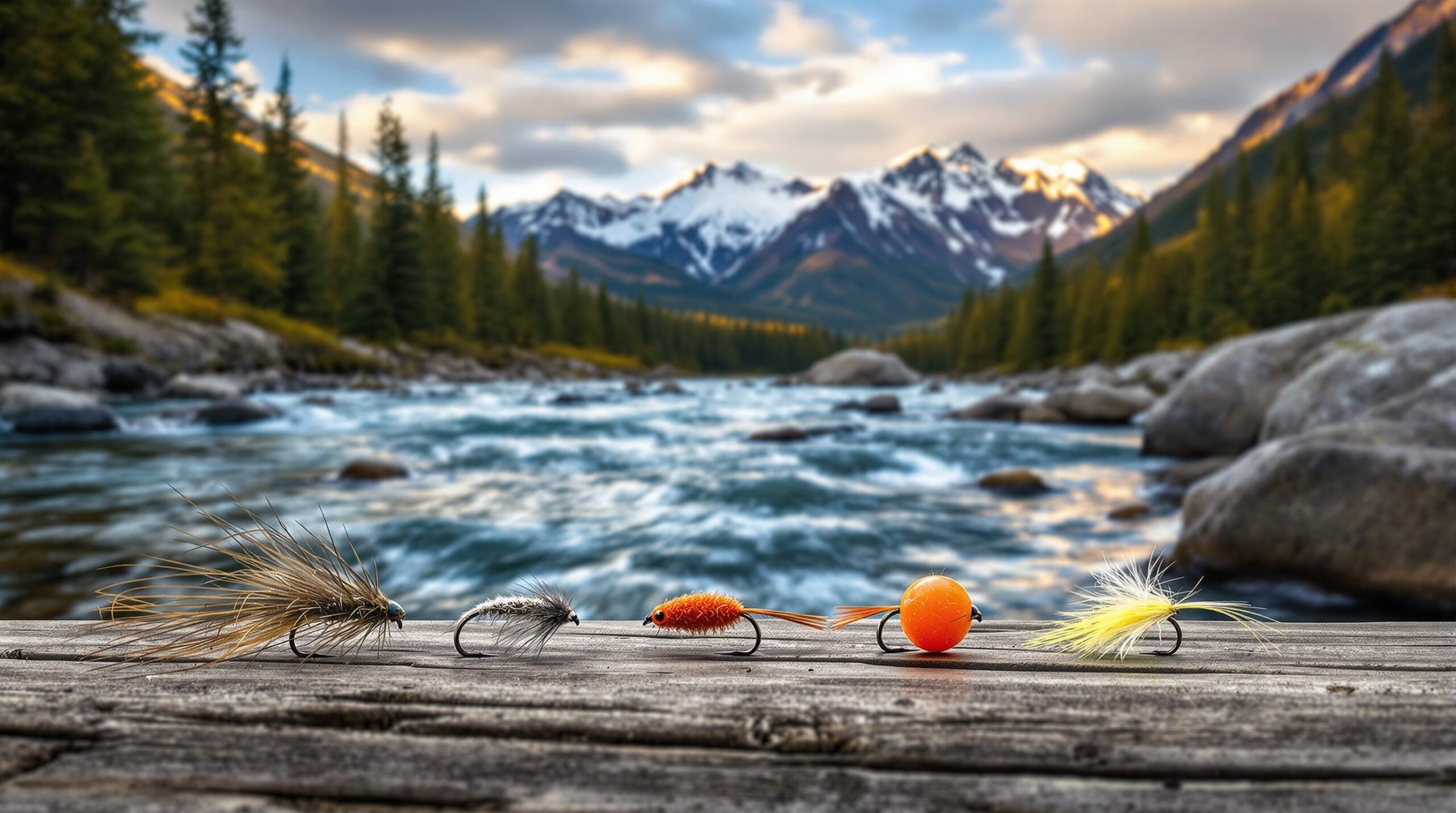 Five best Washington fly patterns including Woolly Bugger, Adams dry fly, and Pheasant Tail Nymph arranged on weathered wood beside a pristine mountain river with snow-capped Cascade peaks in the background.