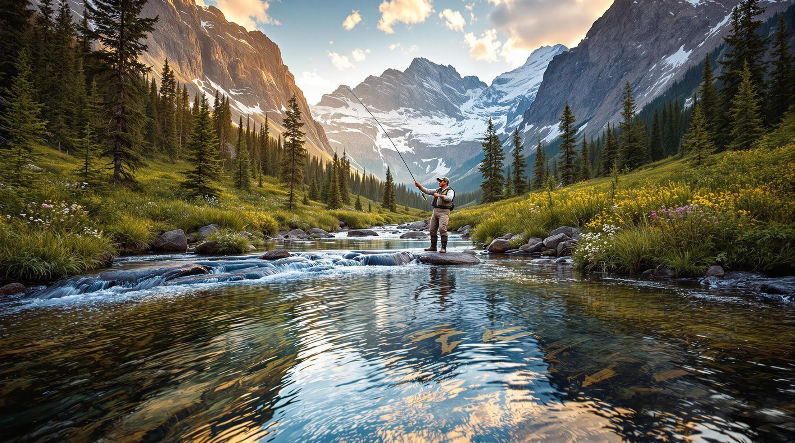 Fly fisherman casting into pristine mountain stream during fly fishing trips in Glacier National Park with snow-capped peaks and evergreen forest