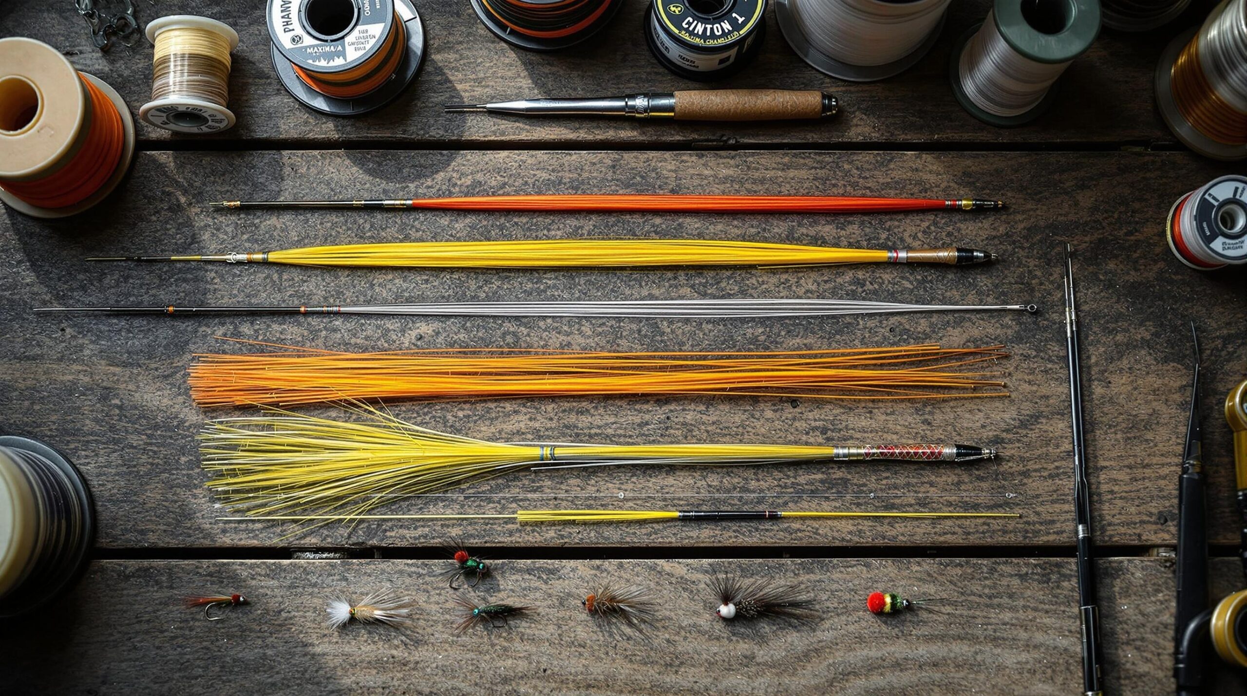  Overhead view of a euro nymphing leader setup on a wooden table, featuring Maxima Chameleon butt section, orange-yellow sighter, and fluorocarbon tippet connected to tungsten beadhead flies, with tippet rings and fly fishing supplies visible around the edges. 