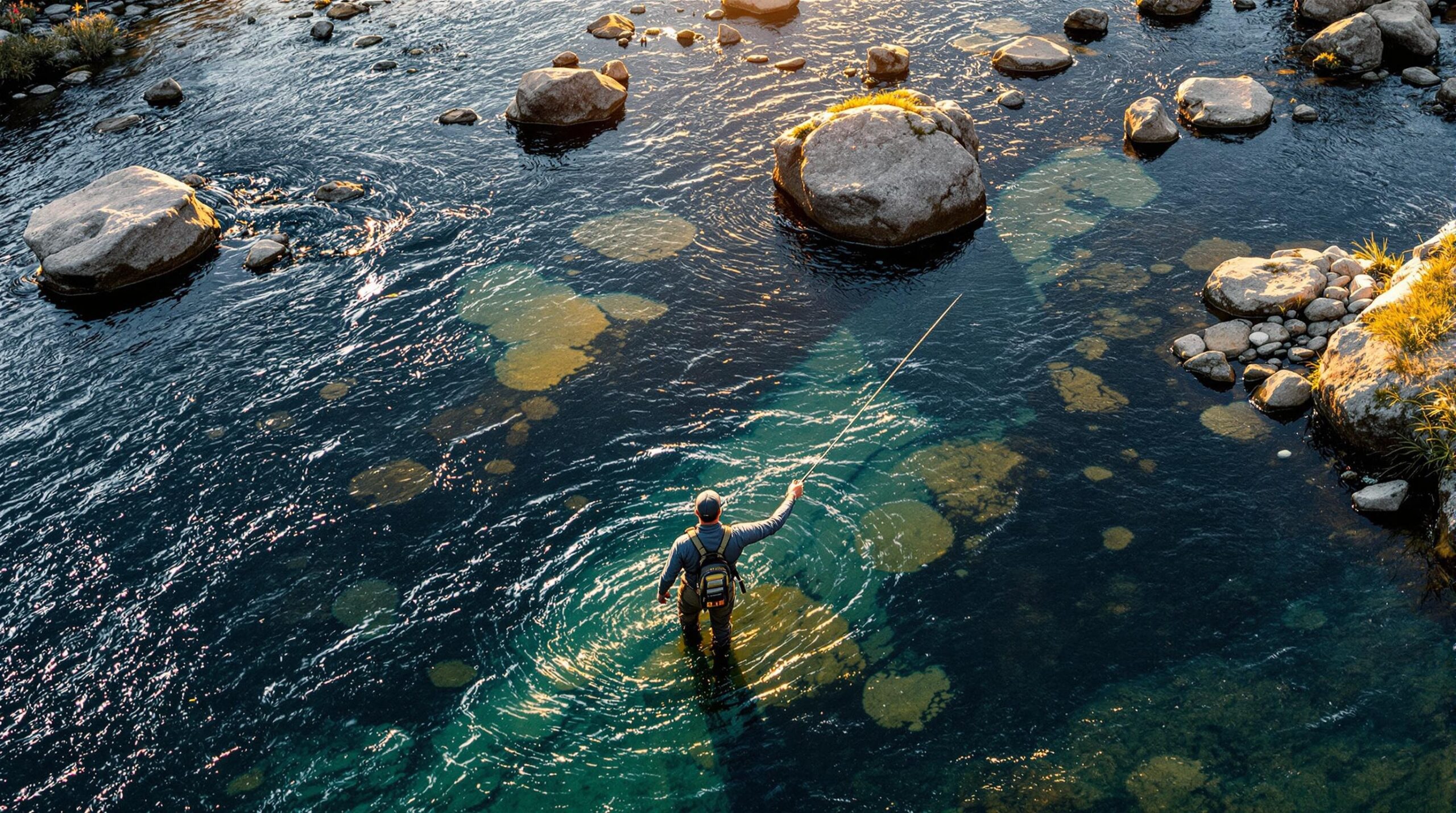 Overhead view of a fly fisherman strategically positioned in a crystal-clear trout stream, demonstrating key elements from a fly fishing glossary - riffles, pools, current seams, and feeding lanes highlighted by golden evening light.