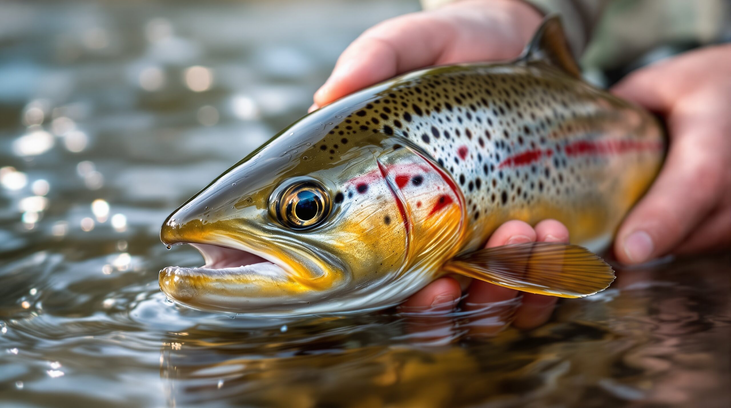 Angler's hands holding native cutthroat trout above Methow River water, showing distinctive red slash marks and spots