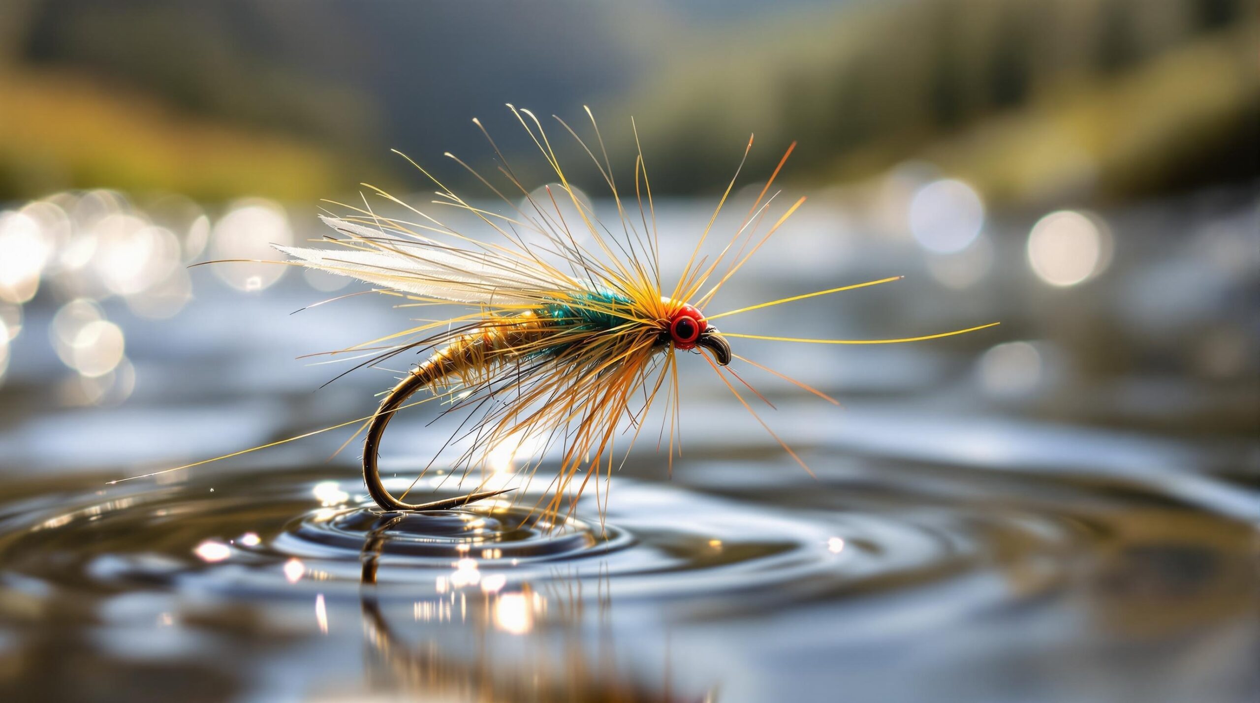 Intricately crafted fly fishing lure in sharp focus against blurred mountain stream, showcasing detailed hackle feathers and realistic wing construction - an essential component featured in any comprehensive fly fishing glossary.