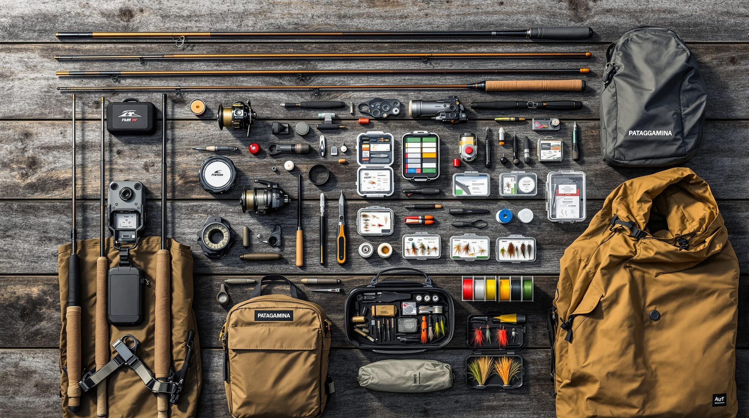 Overhead view of essential fly fishing gear for travel arranged on wood surface including rod, reel, flies, and waders